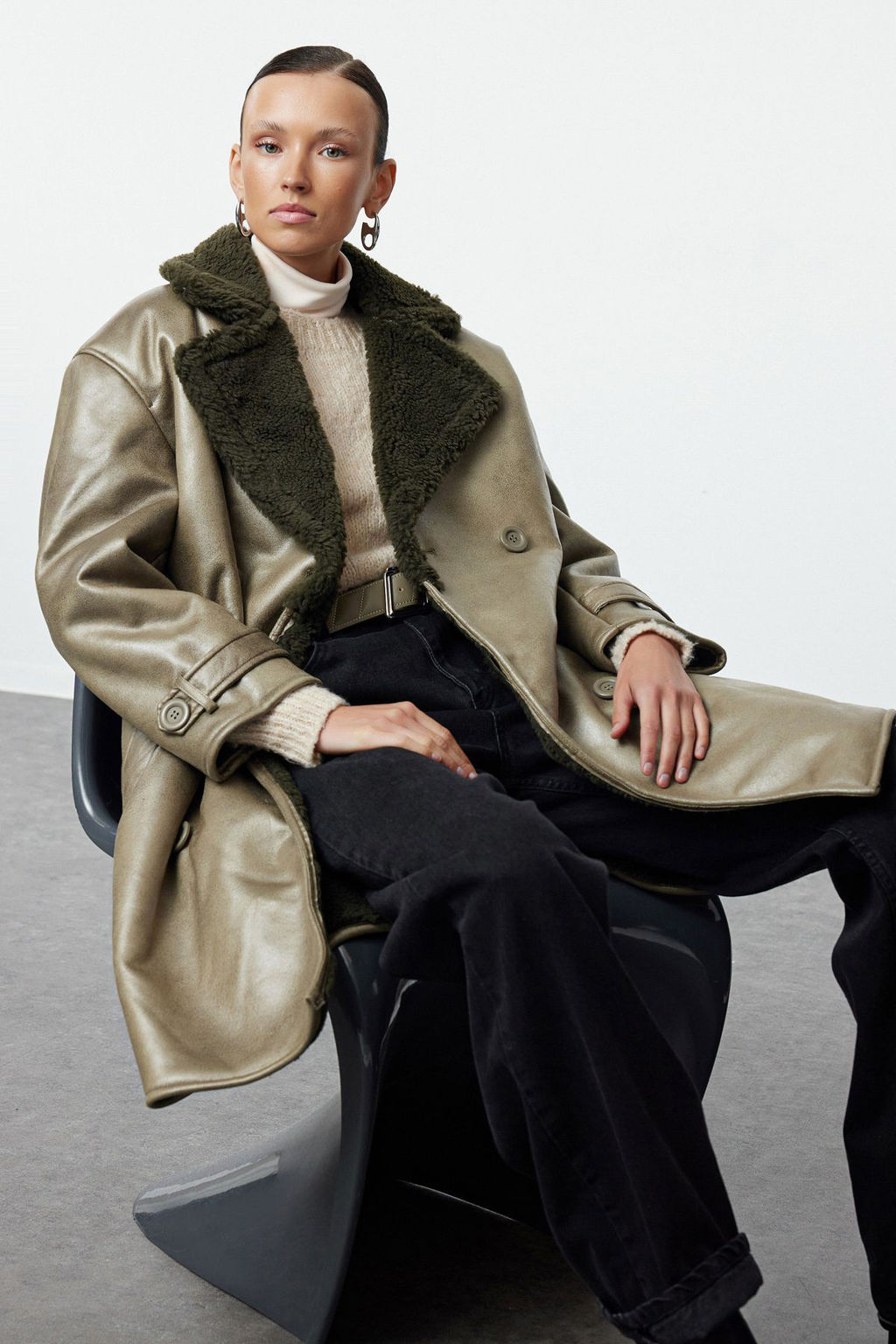 Haki Yakas? Kurk Detayl? Oversize Uzun Kaban TWOAW25KB00000