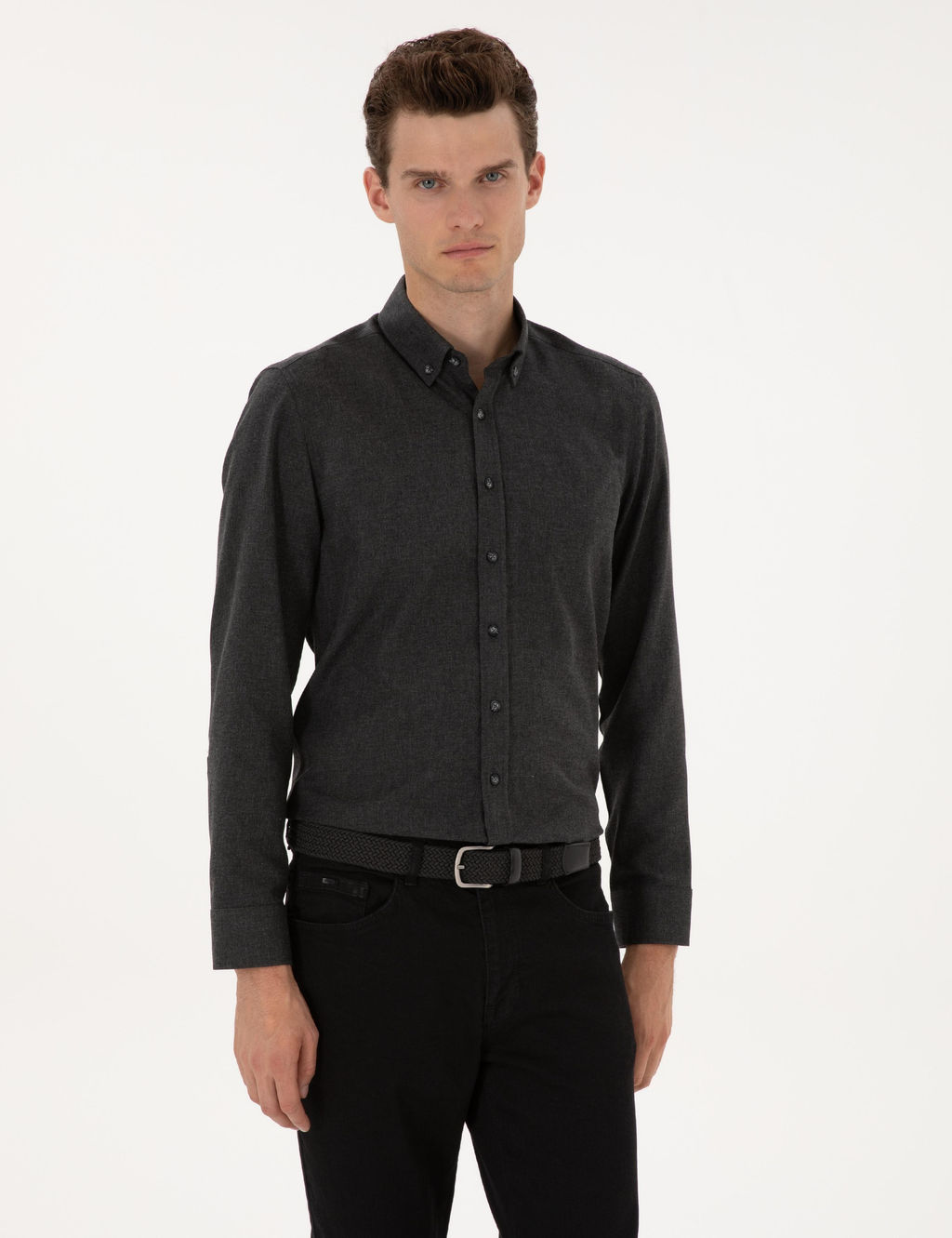Antrasit Flanel Dokulu Slim Fit Uzun Kollu G_mlek