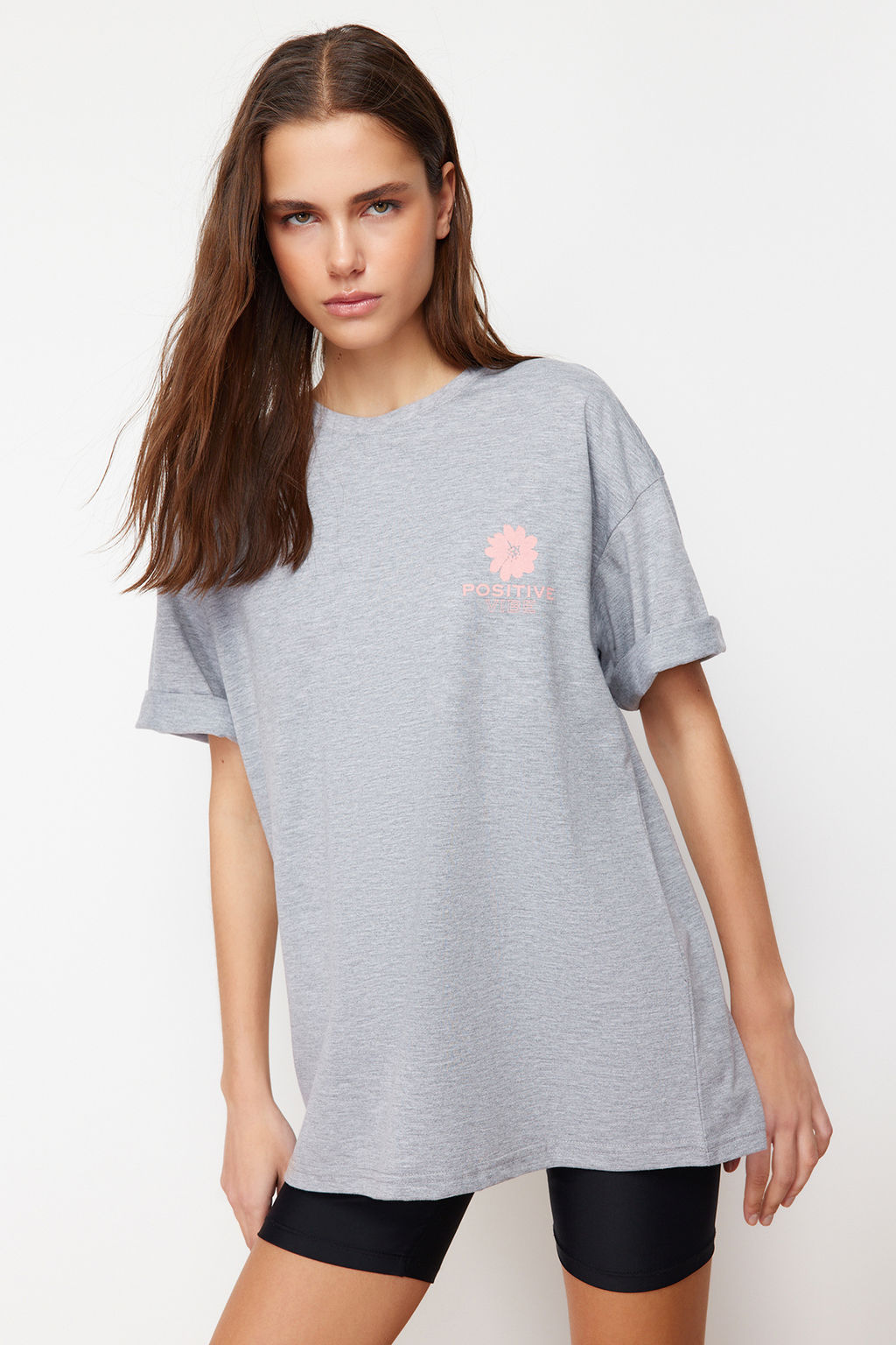TRENDYOLMILLA Lacivert %100 Pamuk S?rt Bask?l? Oversize/Genis Kal?p Bisiklet Yaka Orme T-Shirt TWOSS23TS00321  фото 2