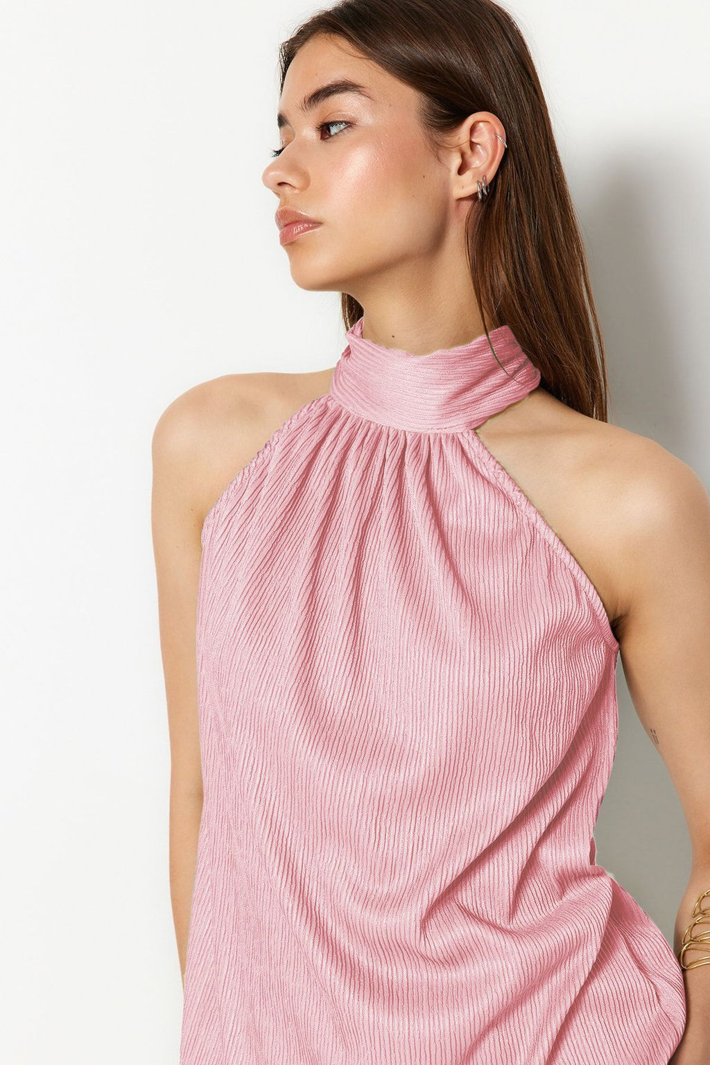 Pembe Regular/Normal Kal?p Dik Yaka Fit Pilise Esnek Orme Bluz TWOSS23BZ00952