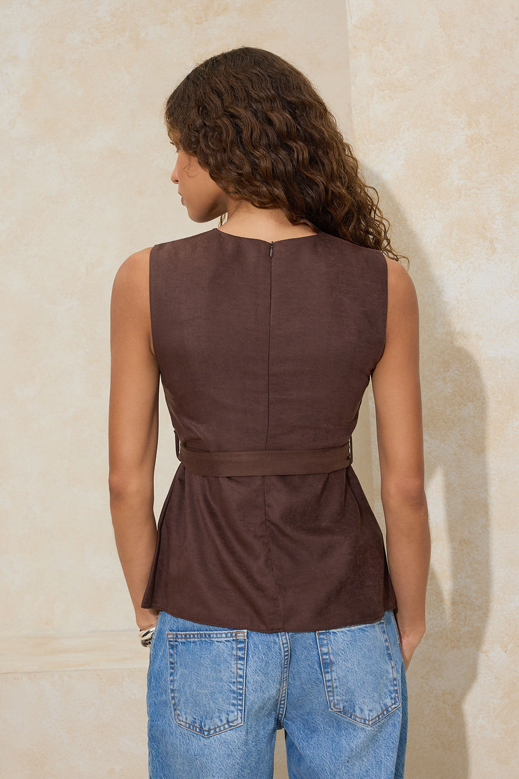 Kahverengi Kemerli Dokuma Suet Bluz TWOSS26BZ00090