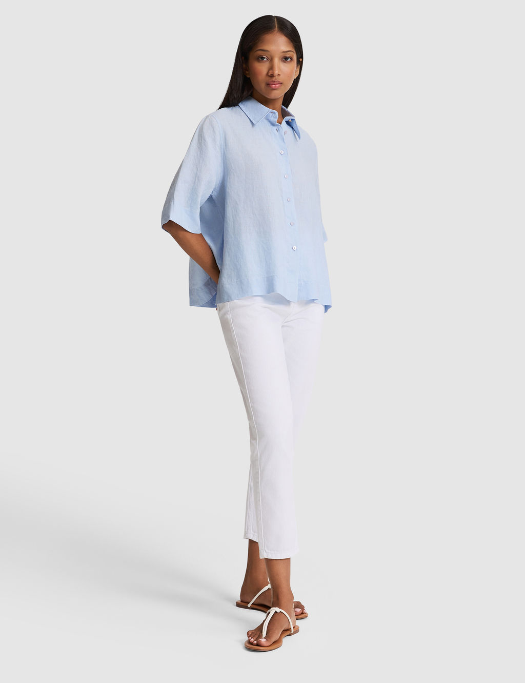 Mavi Oversize K_sa Kollu %100 Keten G_mlek