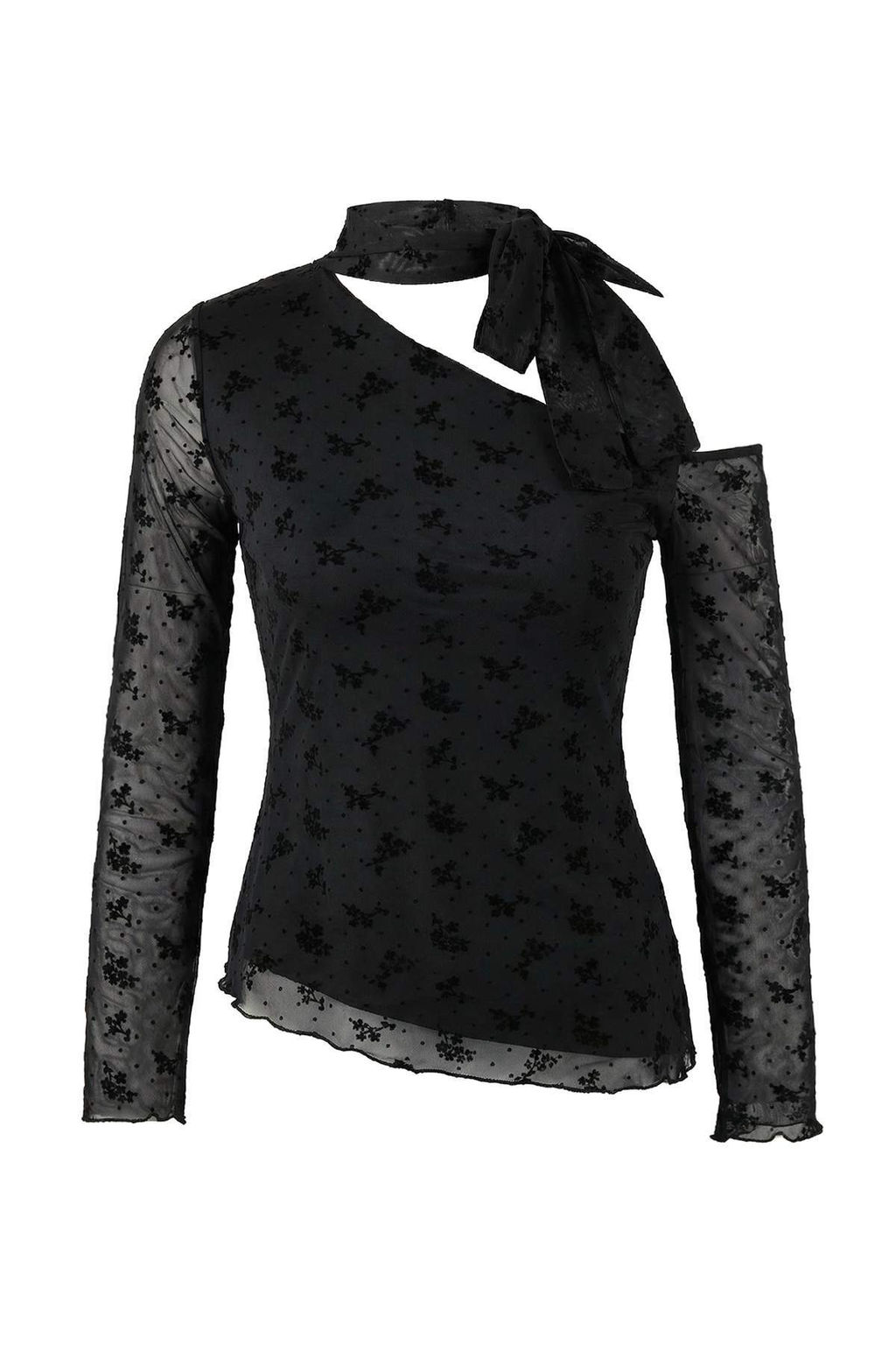 Siyah Cicekli Fitted/Vucuda Oturan Asimetrik Yaka Uzun Kollu Kusakl? Tul Orme Bluz TWOAW26BZ00346 - Trendyolmilla фото 6