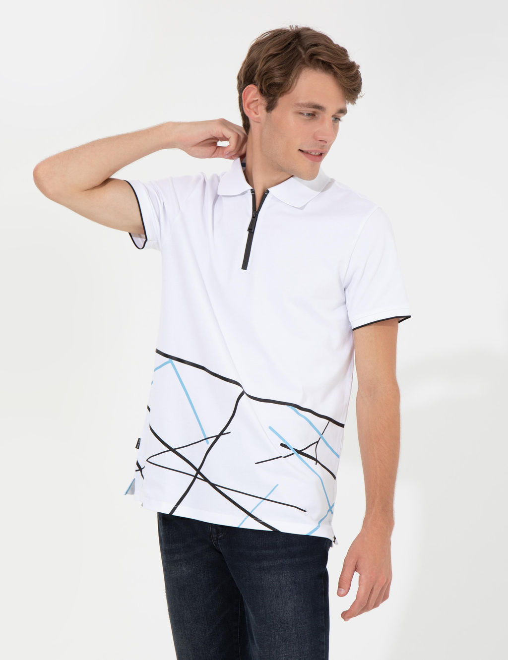 Beyaz Slim Fit Fermuarl_ Polo Yaka Ti__rt