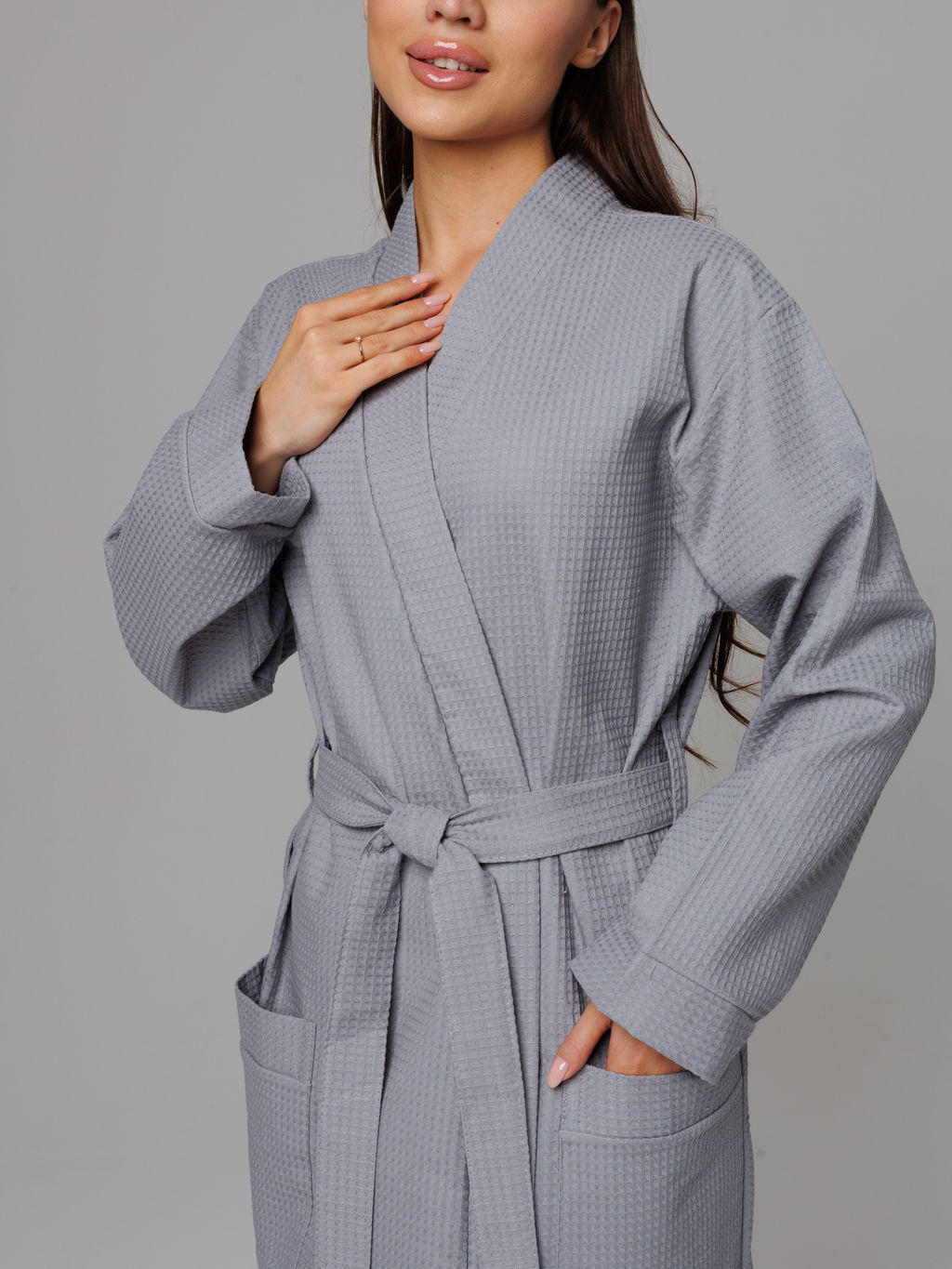 Женский вафельный халат с планкой серый В-02 (20)