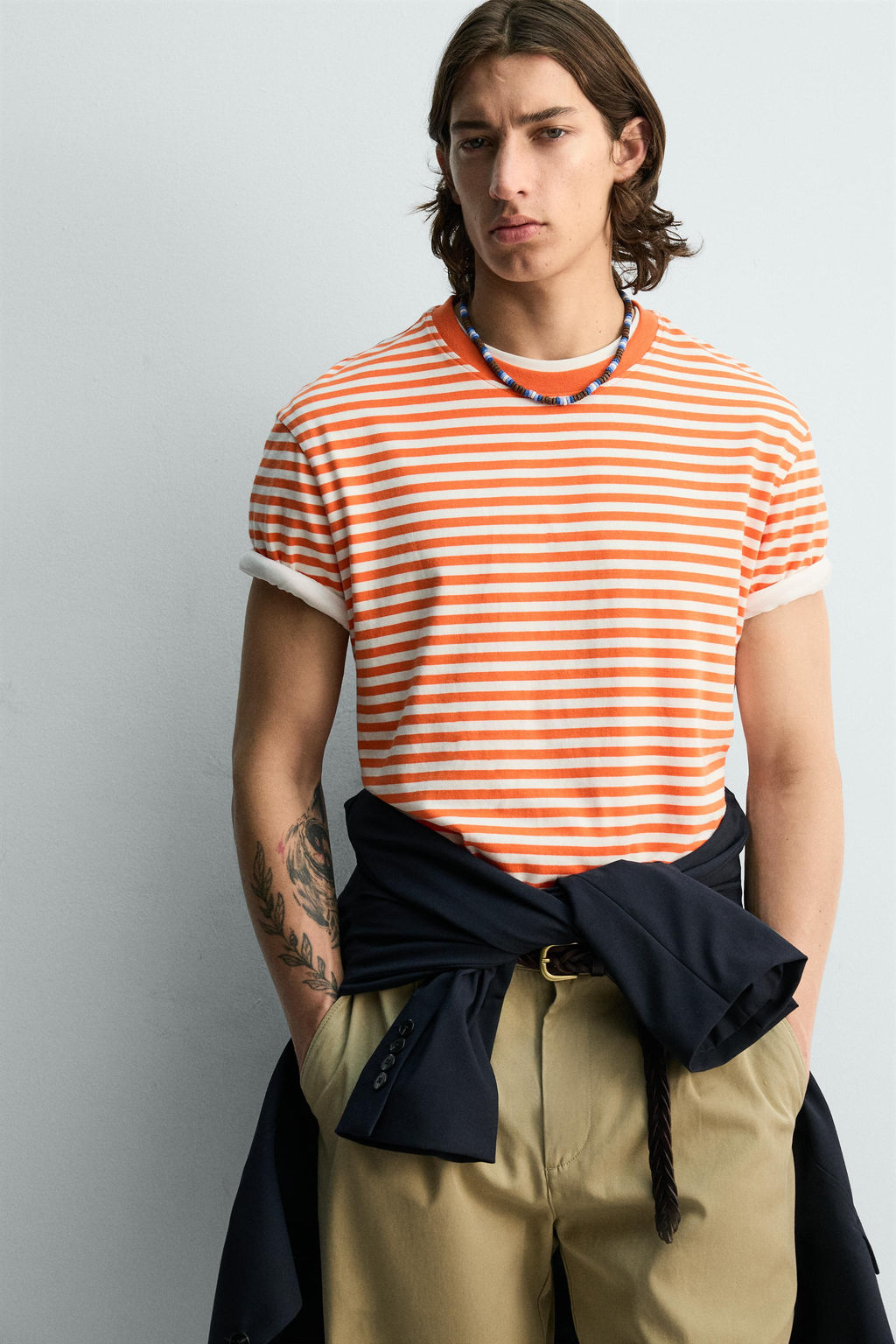 CAMISETA REGULAR FIT JACQUARD RAYAS / blanco-naranja