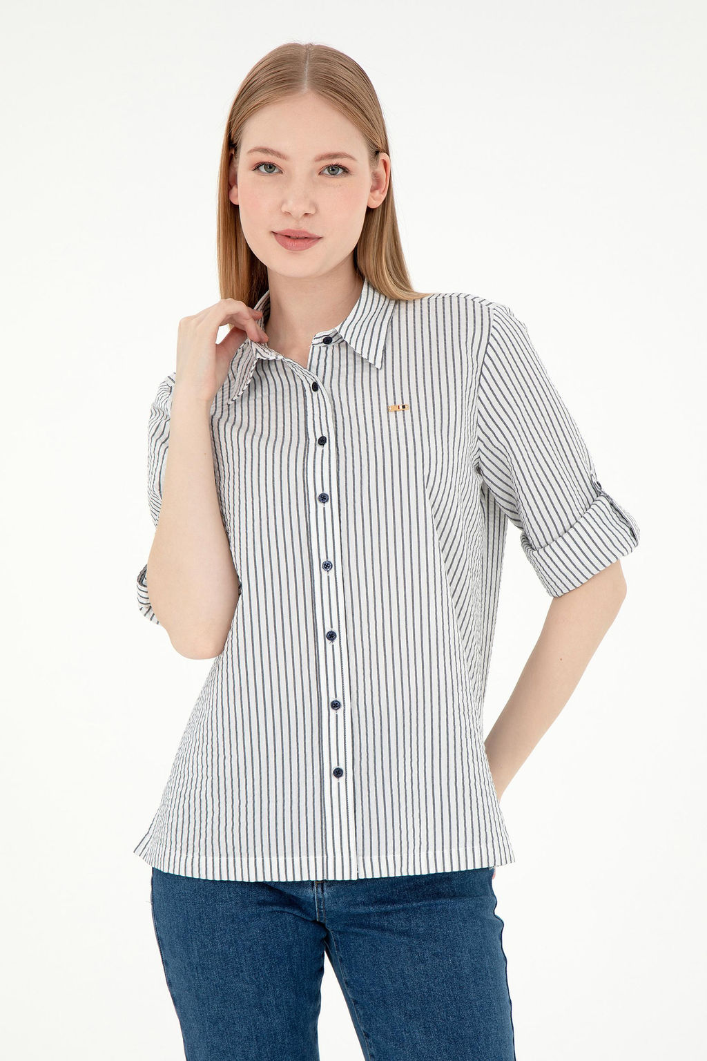 Женская темно-синяя рубашка в полоску с длинным рукавом Неожиданная скидка в корзине - U.s. polo assn фото 3