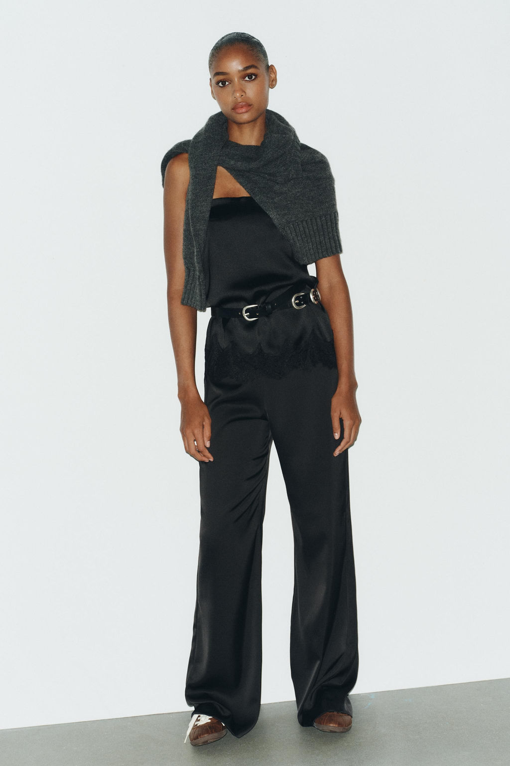 SATIN TOP WITH LACE TRIM