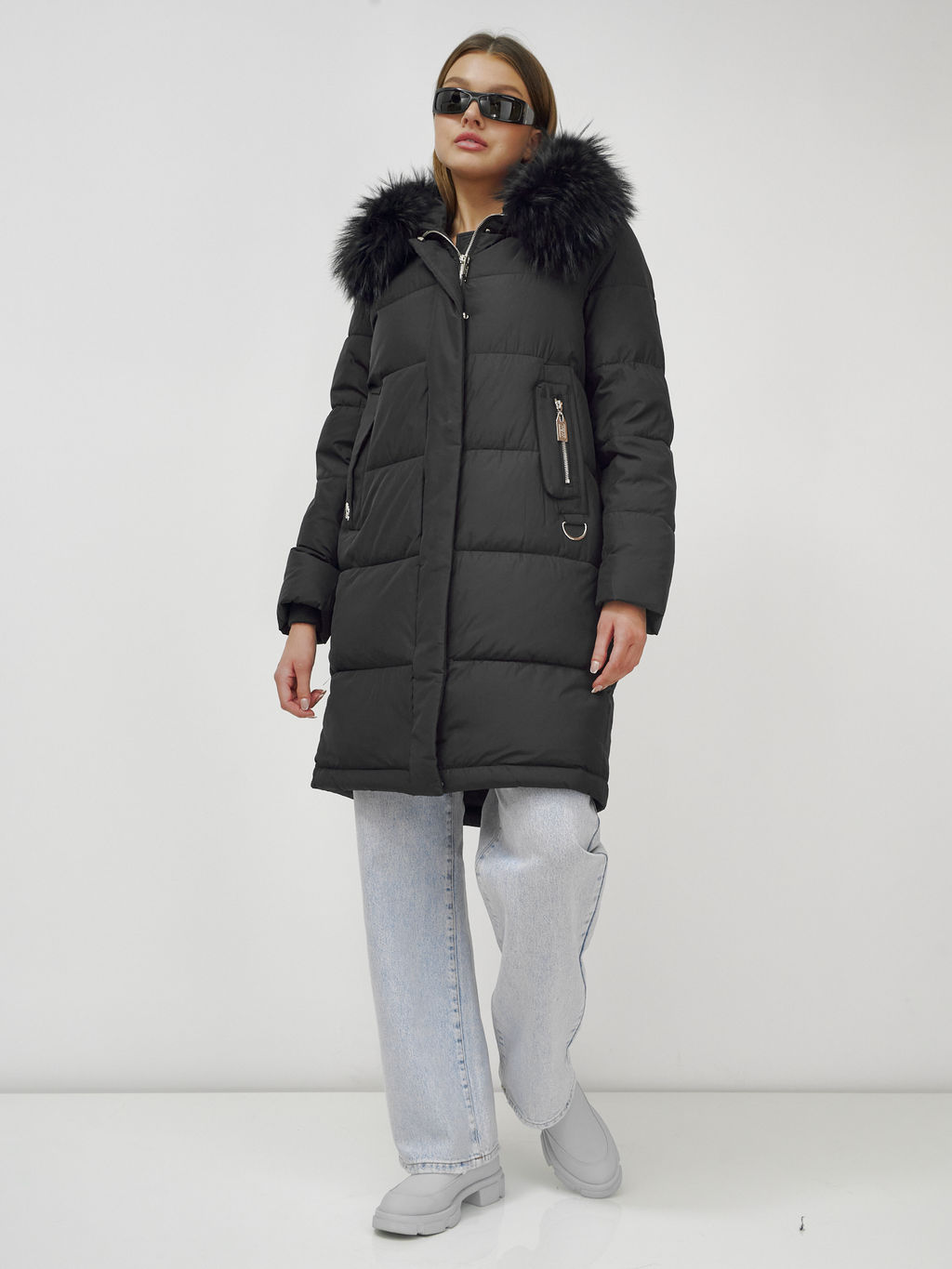 Куртка Бренд Visdeer  ПРЕМИУМ КЛАССА зимняя с мехом ЕНОТА, черного цвета  фото 4