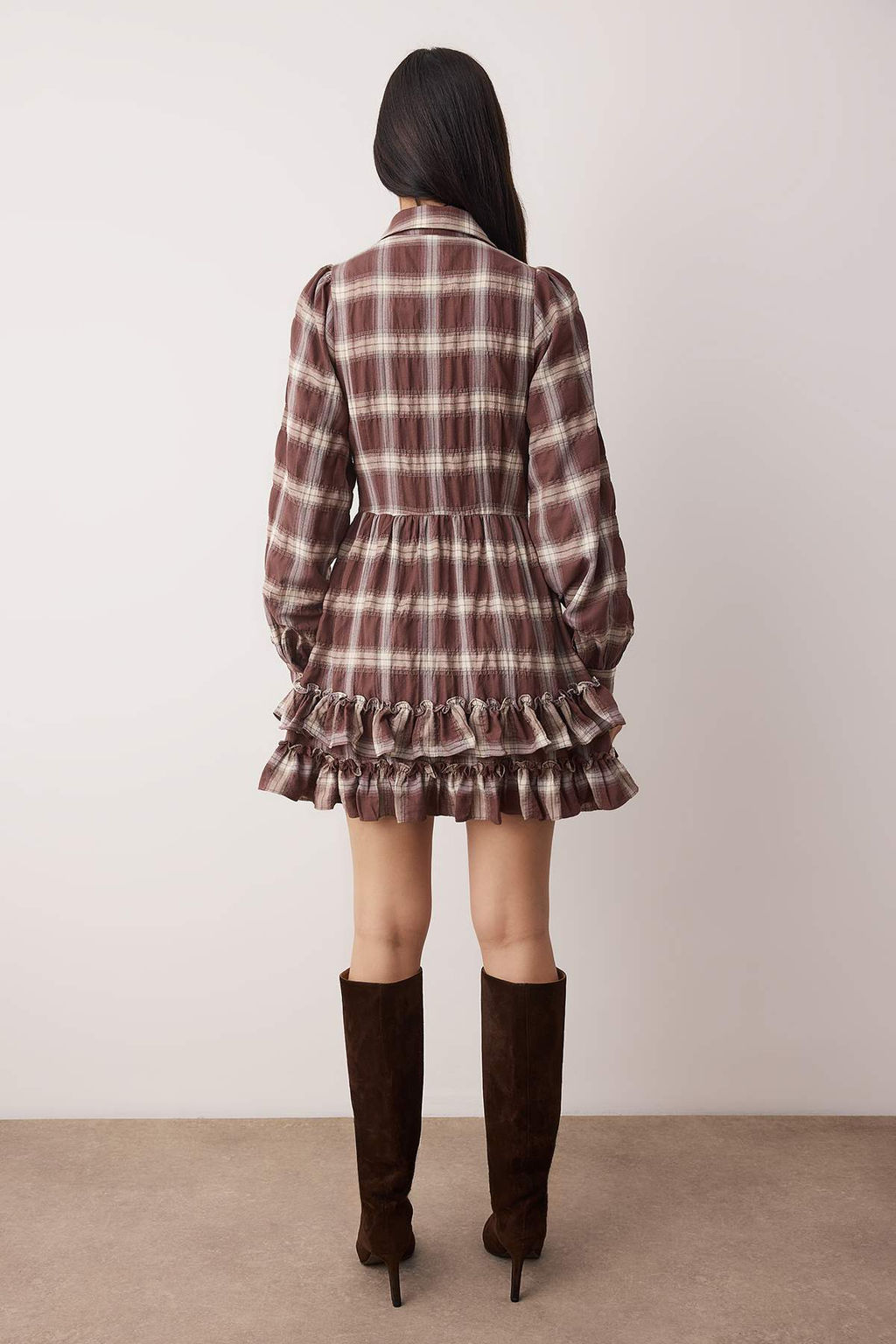 Kahverengi Ekose / Kareli F?rf?rl? K?sa / Mini Dokuma Elbise TWOAW26EL00353