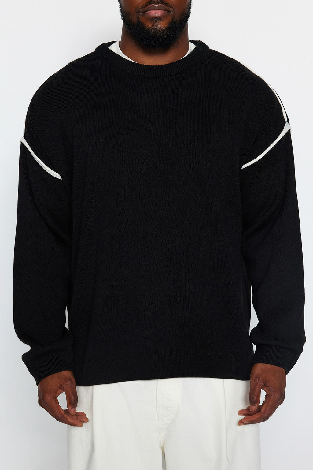 TRENDYOL MAN Siyah Buyuk Beden Oversize Fit Genis Kal?p Biye Detayl? Triko Kazak TMNAW24AN00000 - Trendyolmilla фото 9