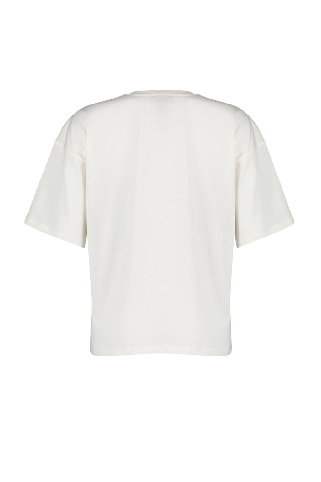 Ekru %100 Pamuk Bask?l? Relaxed/Genis Rahat Kesim Bisiklet Yaka Orme T-Shirt TWOSS23TS00267