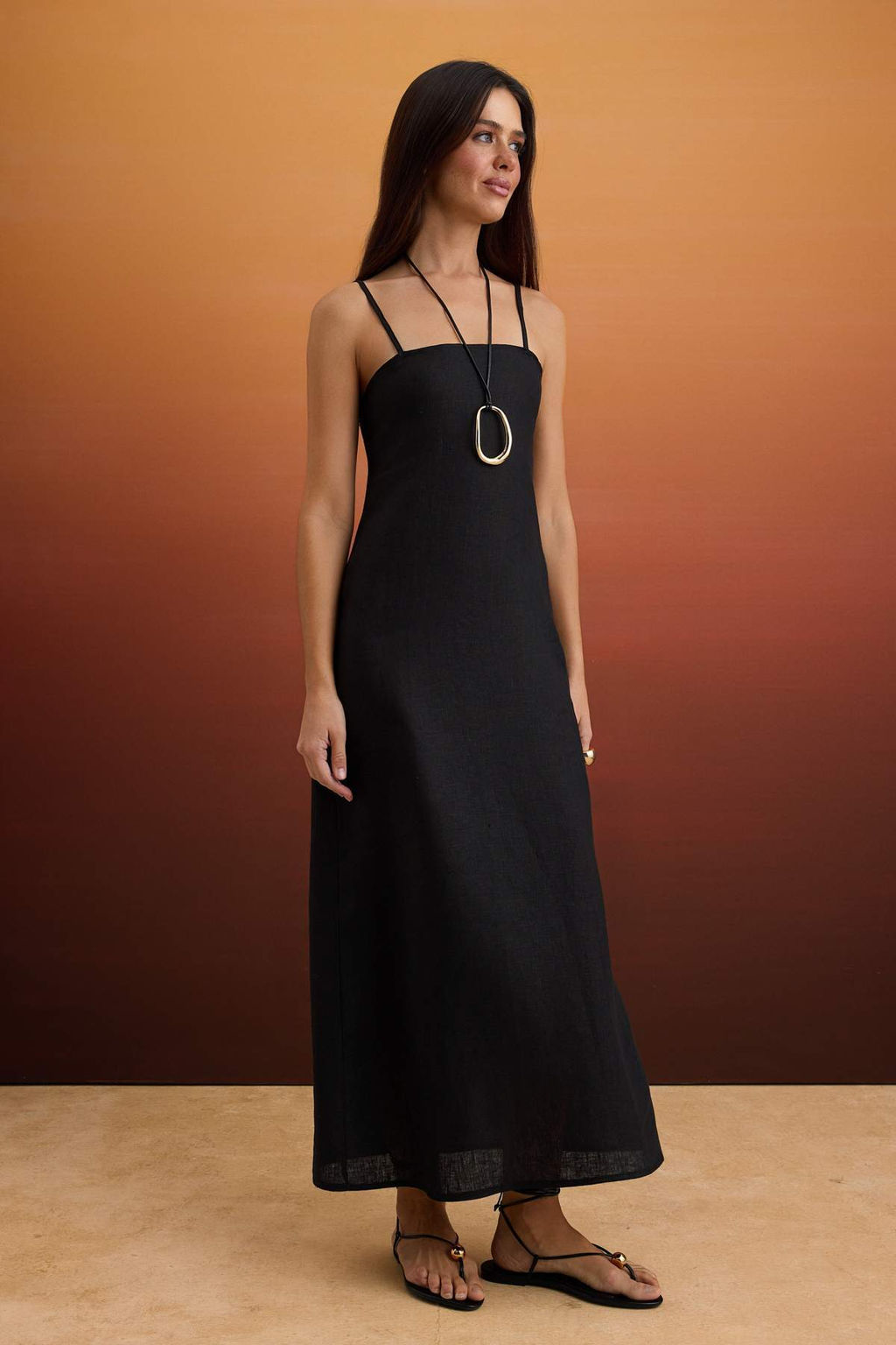 Siyah %100 Keten Basic Midi Elbise TWOSS25EL00606 - Trendyolmilla фото 3