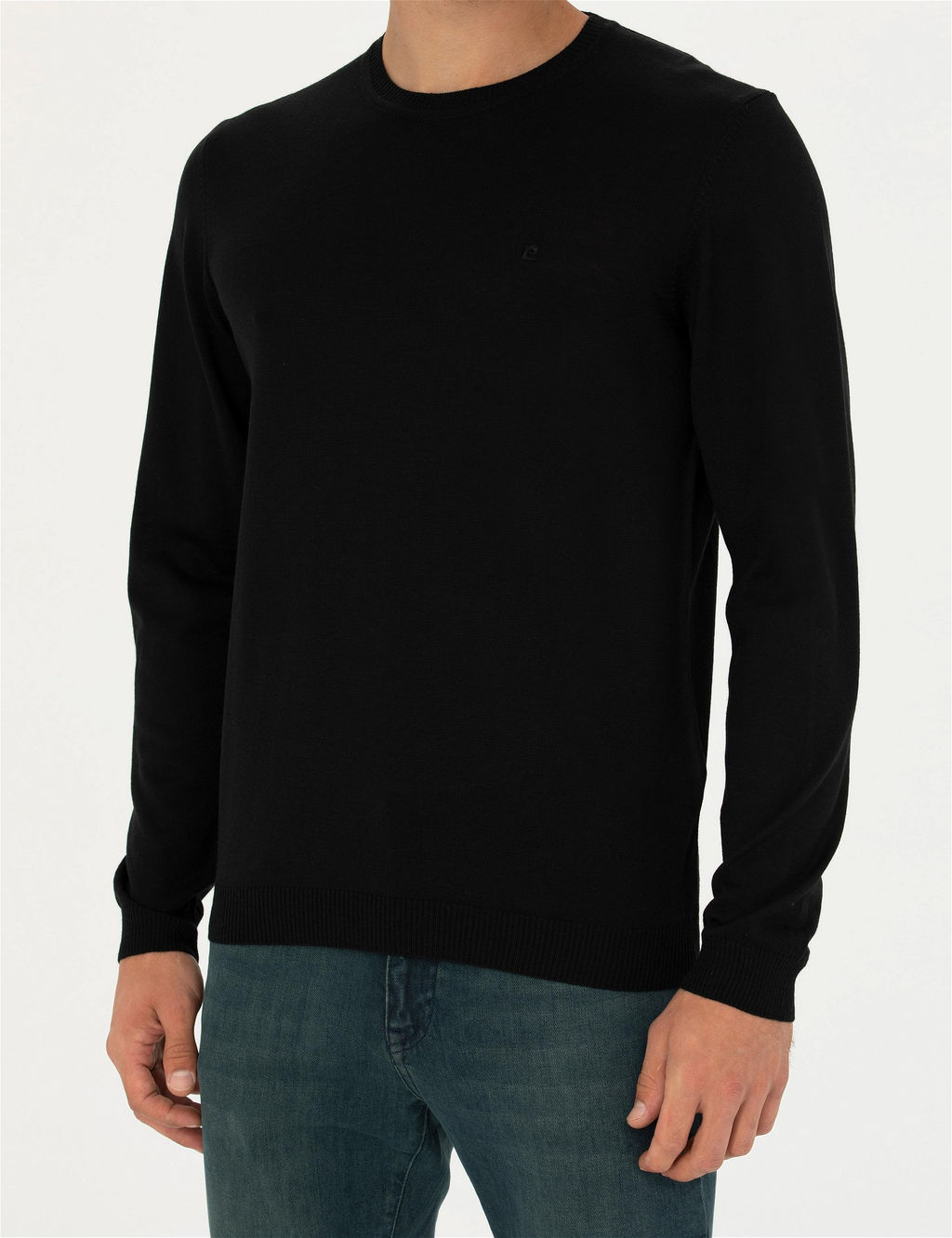 Siyah Slim Fit Bisiklet Yaka Y_n Kar___ml_ Basic Triko Kazak