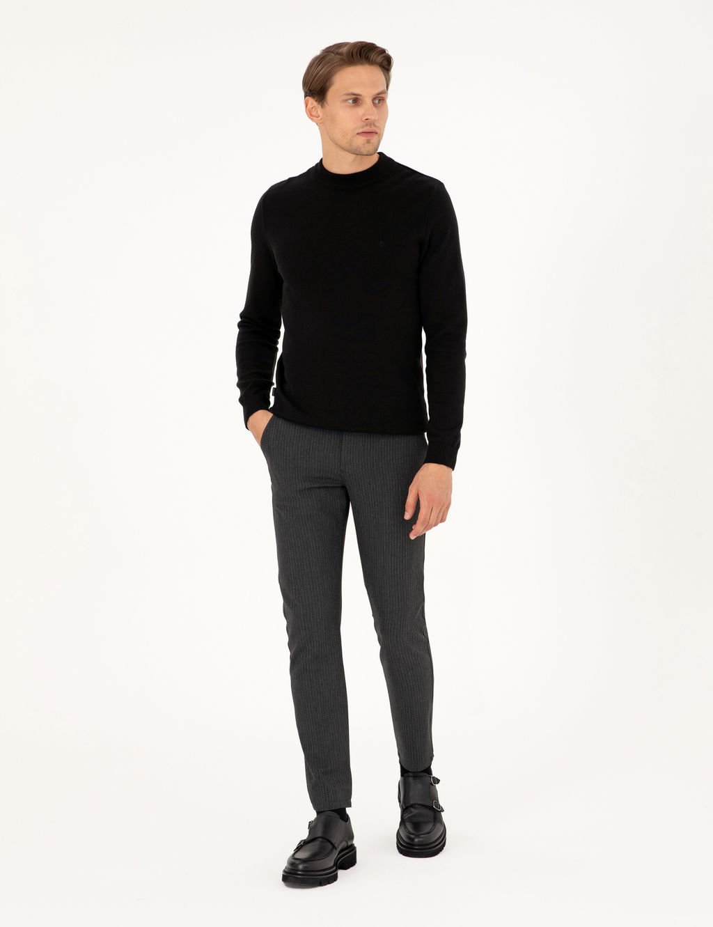 Antrasit Slim Fit _izgili Kanvas Pantolon