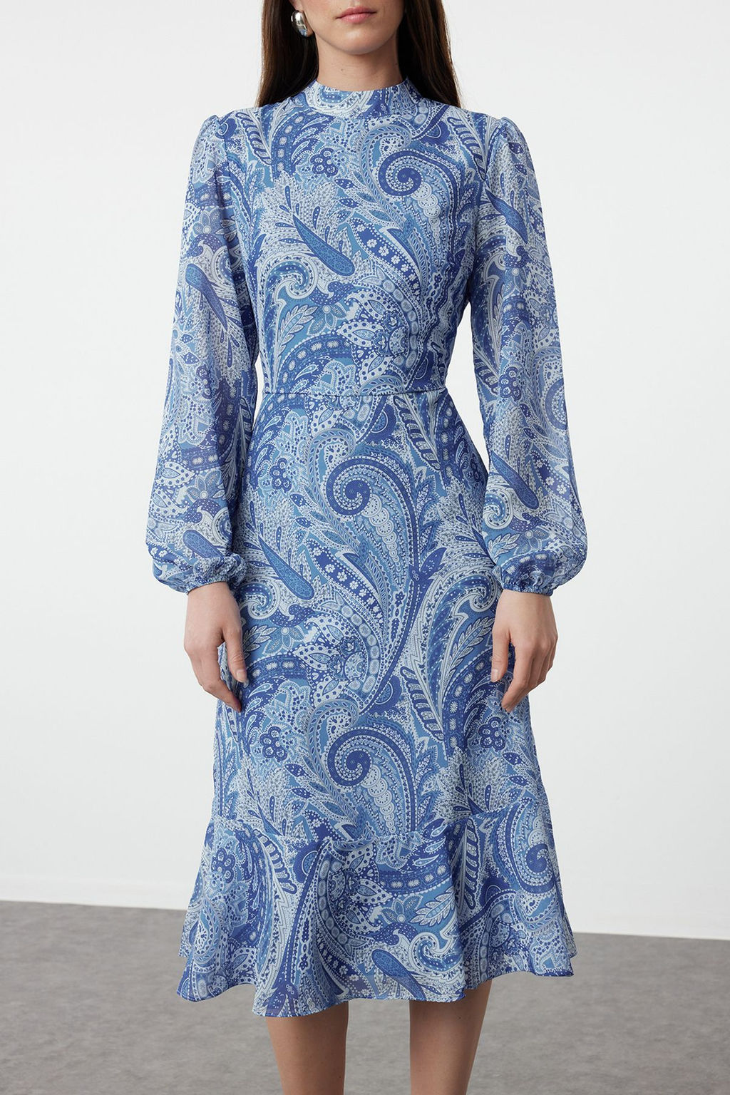 Koyu Mavi Desenli Volanl? Midi Dokuma Elbise TWOAW23EL01436