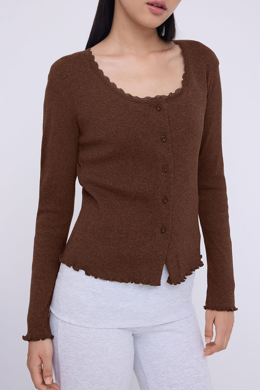 Teen Kahverengi 2li Fitted/Vucuda Oturan Dugme Detayl? Fitilli Esnek Orme Bluz TWOAW26BZ00109
