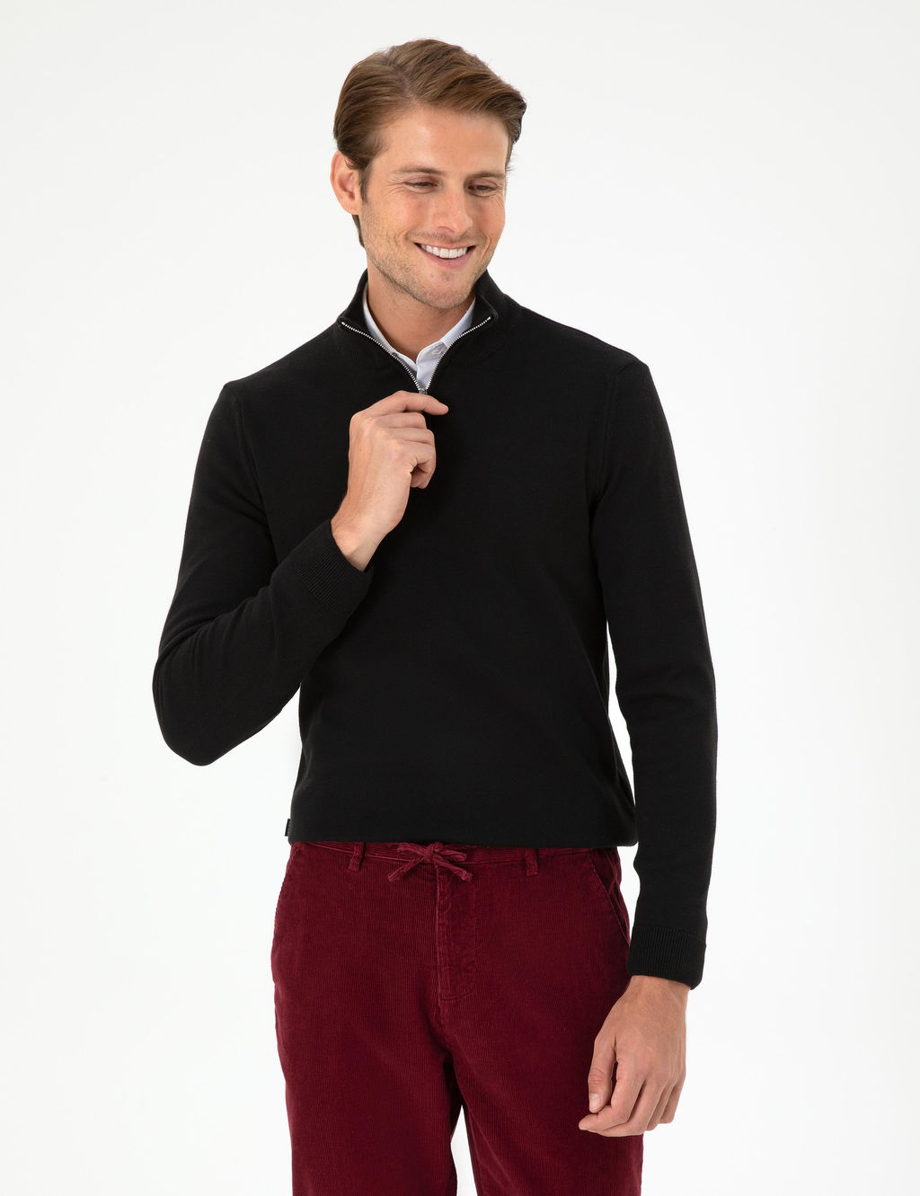 Siyah Slim Fit Fermuarl_ Dik Yaka Triko Kazak