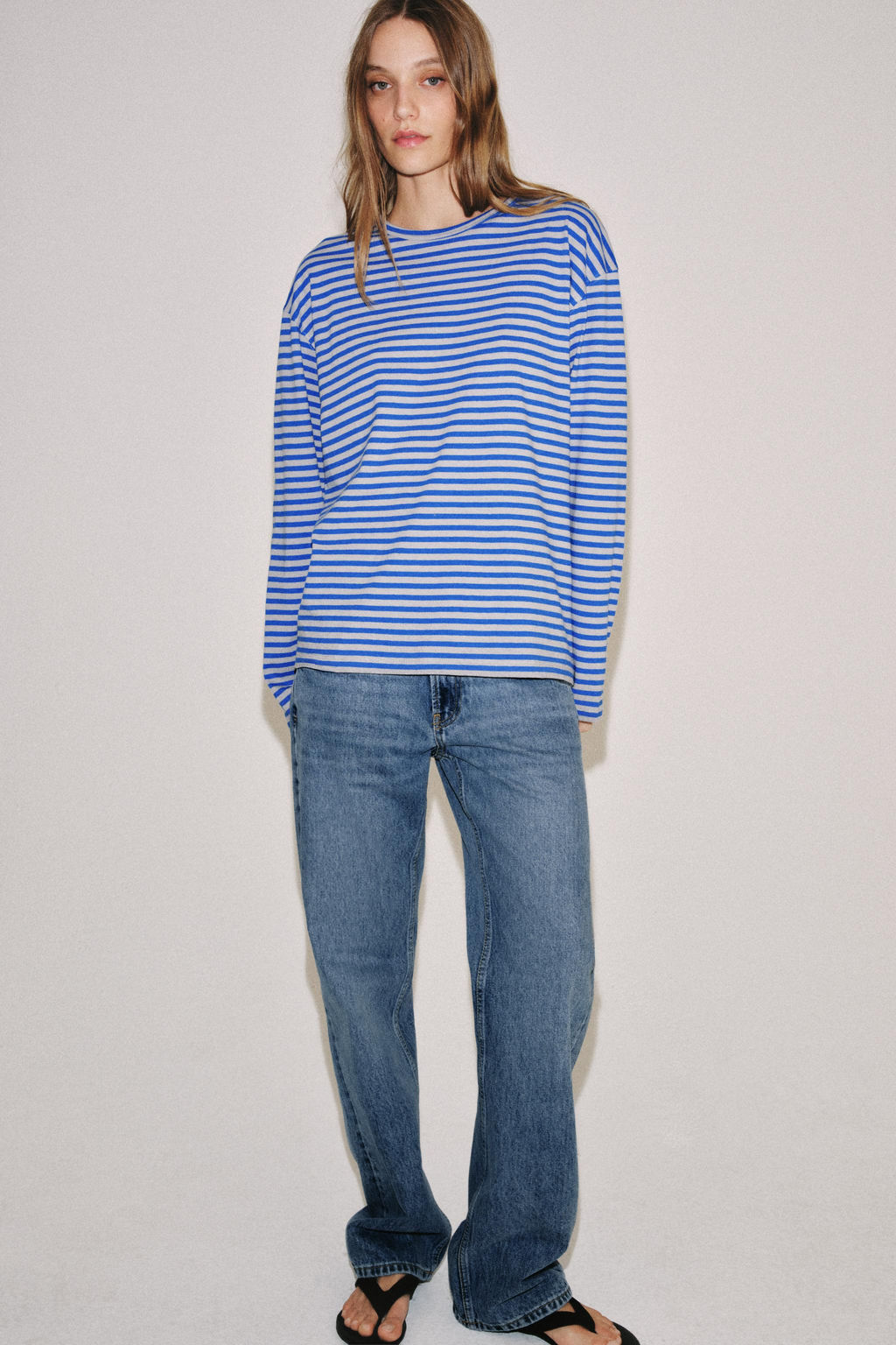 CAMISETA RAYAS ALGOD?N Y LINO / Gris / Azul - Zara фото 4