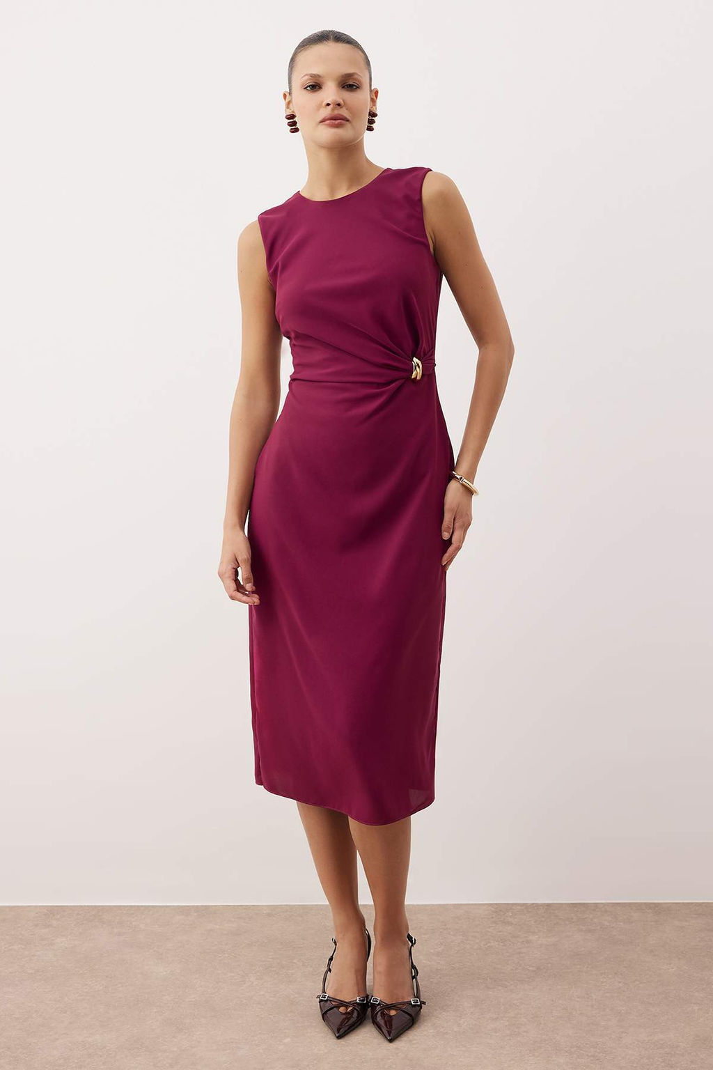 Koyu Mor Duz Vucudu Saran Aksesuar Detayl? Midi Dokuma Elbise TWOSS25EL00204