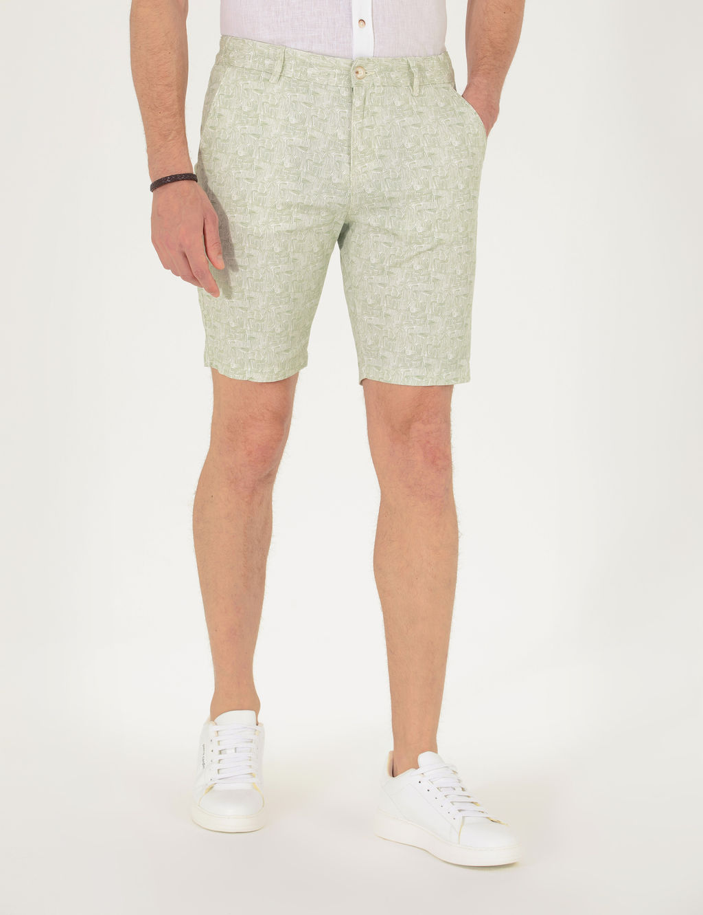 Haki Slim Fit Beli Lastikli Desenli Bermuda _ort