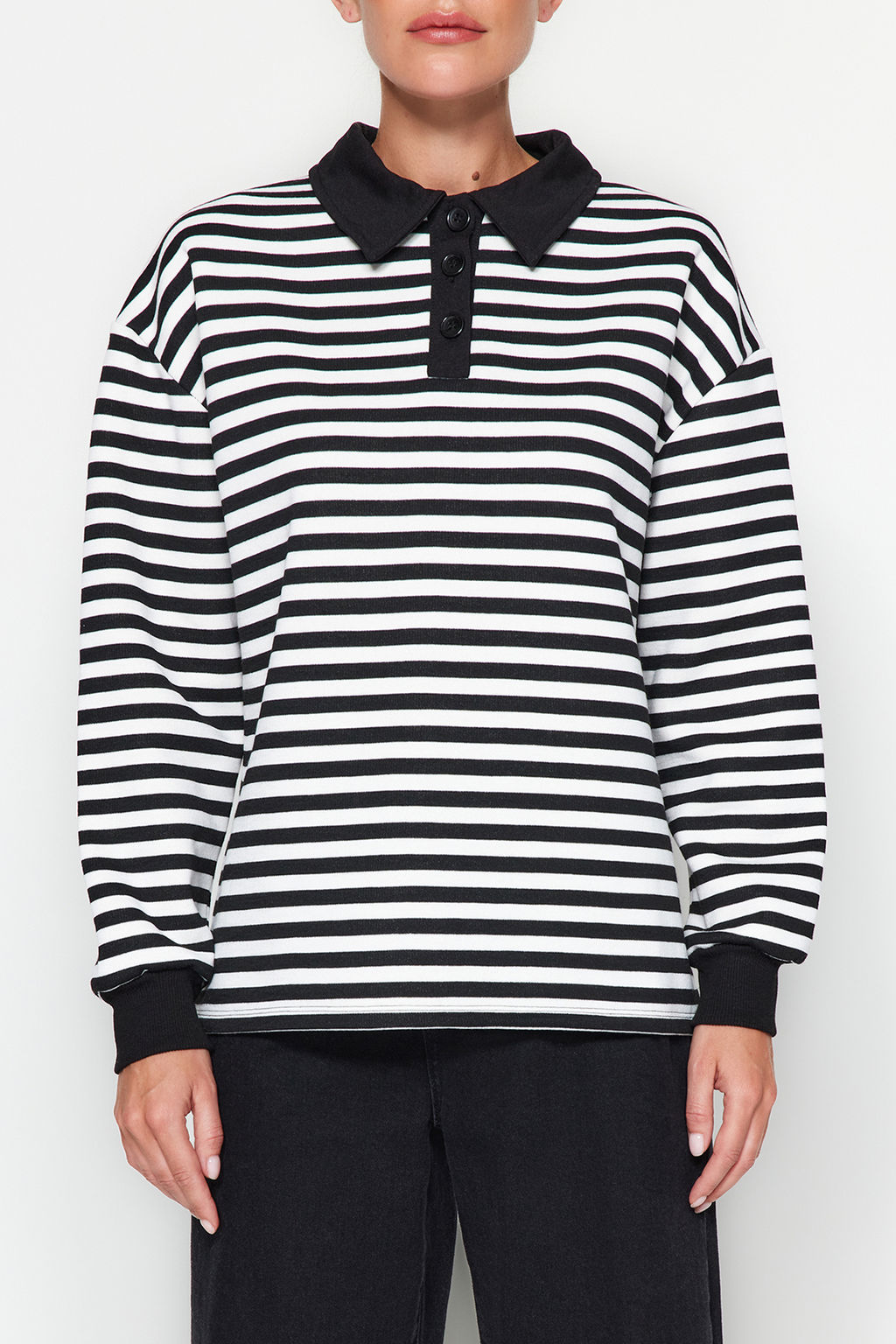 TRENDYOLMILLA Mavi Cizgili Polo Yaka Kal?n Ici Polarl? Oversize Orme Sweatshirt TWOAW24SW00344 фото 3