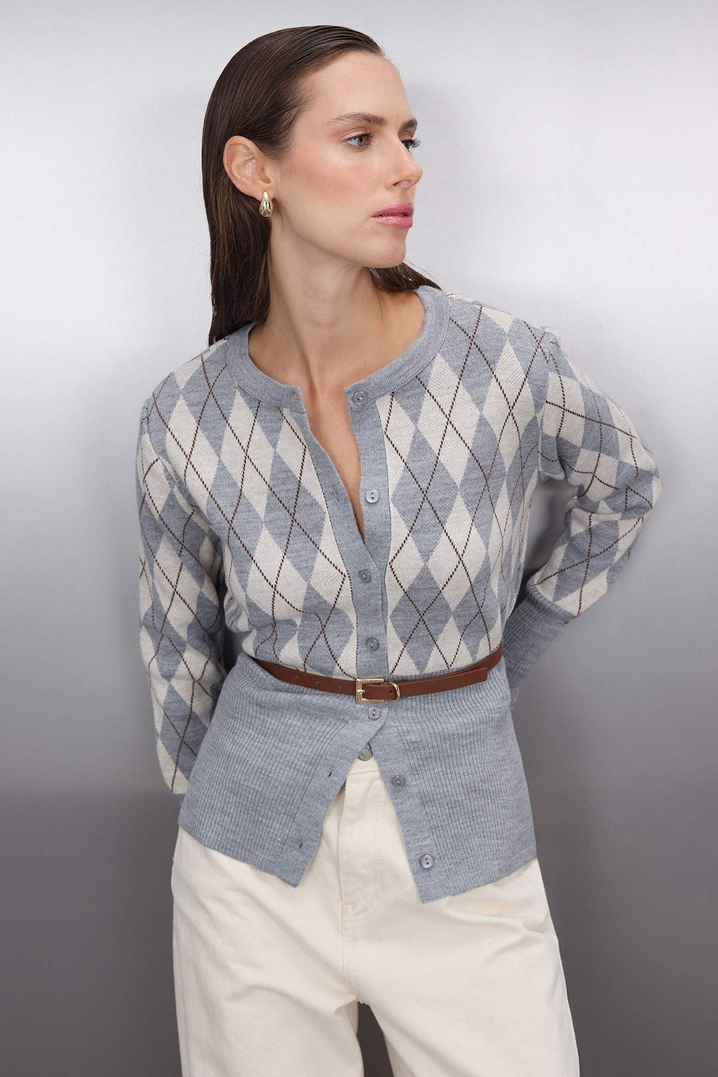 Gri Baklava Desenli Kemerli Triko H?rka TWOAW26HI00150 - Trendyolmilla фото 5