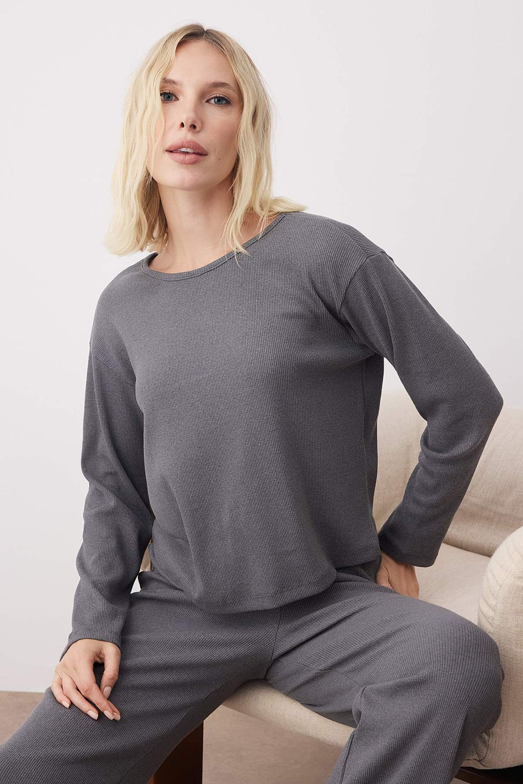 Gri Melanj Fitilli Orme Pijama Tak?m? THMAW21PT0684