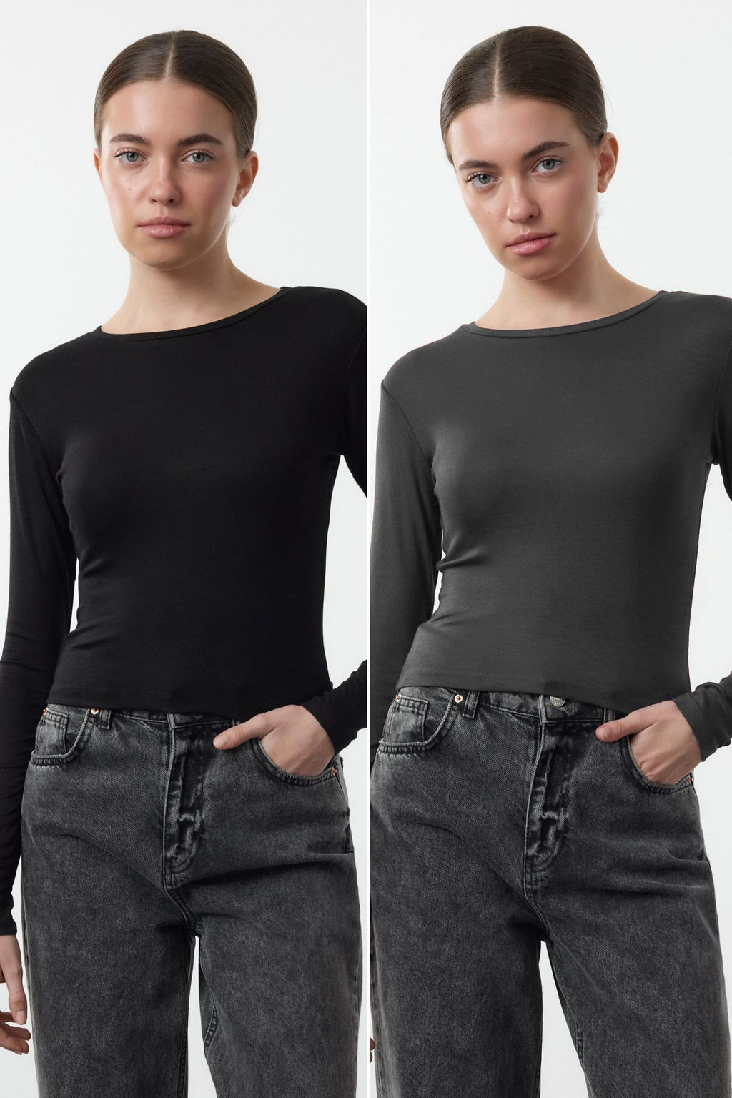 Trendyolmilla Siyah-Ekru Ikili Paket Crop/K?sa Fitted/Vucuda Oturan Orme Bluz TWOAW25BZ00061