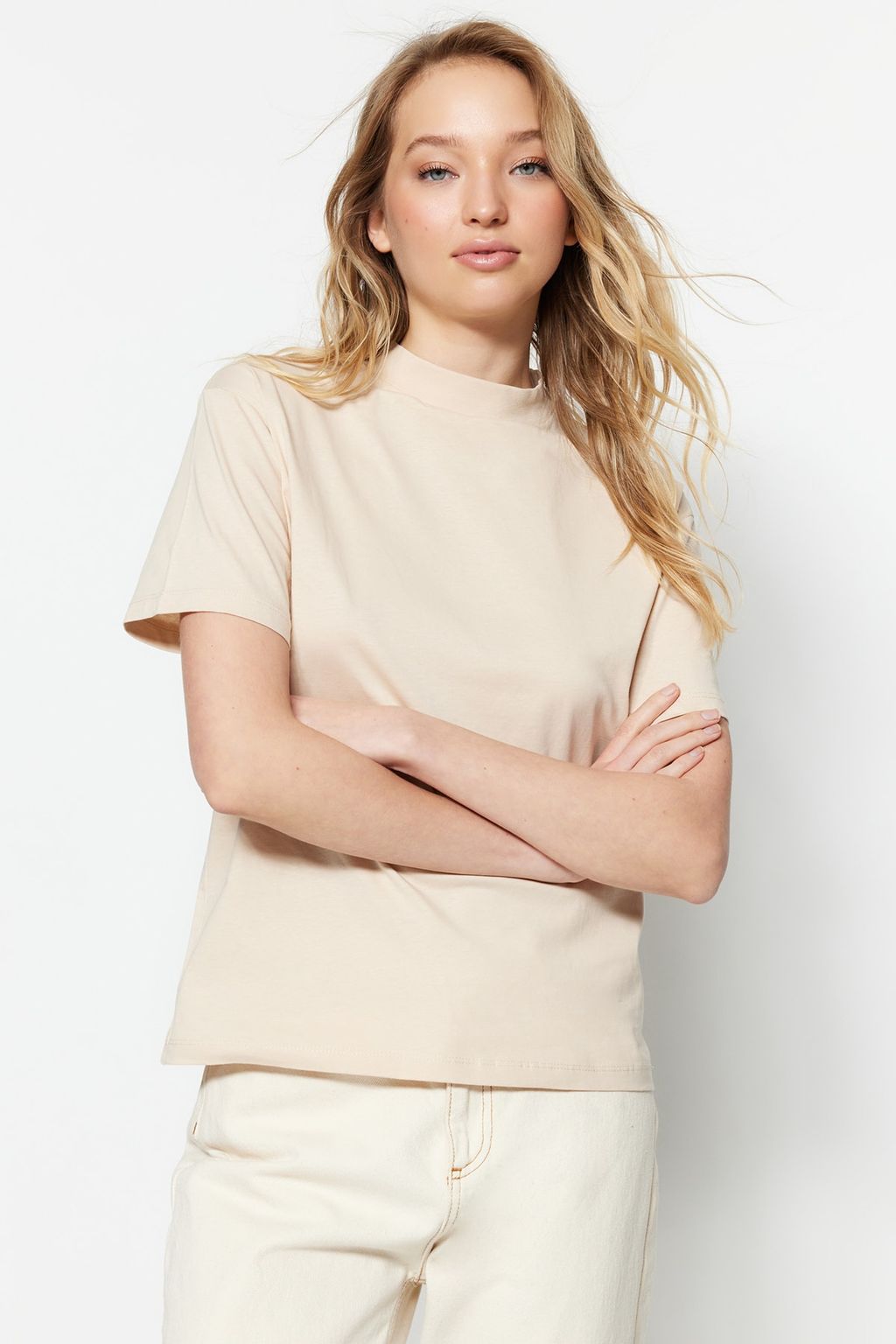 Kahverengi-Bej 2li Paket %100 Pamuk Basic Dik Yaka Orme T-Shirt TWOSS20TS1500