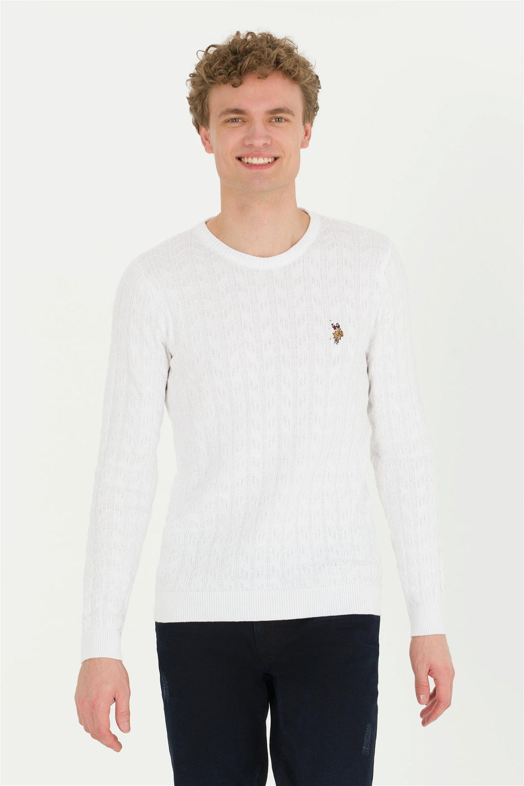 Мужской белый базовый трикотажный свитер с круглым вырезом - U.s. polo assn фото 2