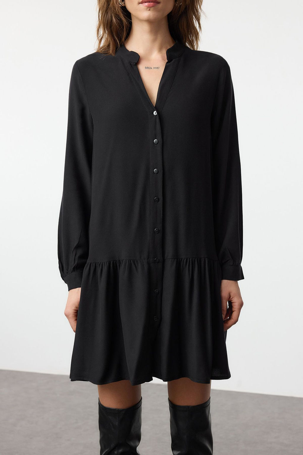 Siyah Mini Kal?n Viskon Dokuma Gomlek Elbise TWOAW25EL00571 - Trendyolmilla фото 4