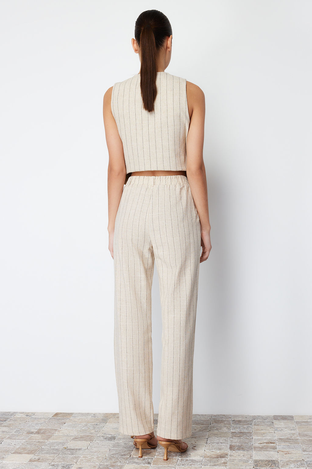 Bej Cizgili Beli Lastikli Cepli Straight/Duz Kesim Pamuk Keten Dokuma Pantolon TWOSS24PL00055