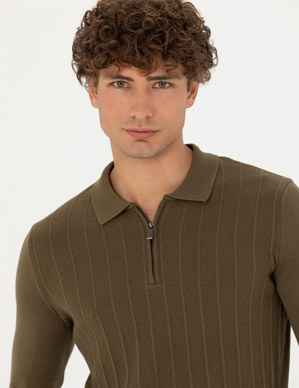 Koyu Haki Slim Fit Fermuarl_ Polo Yaka Triko Kazak
