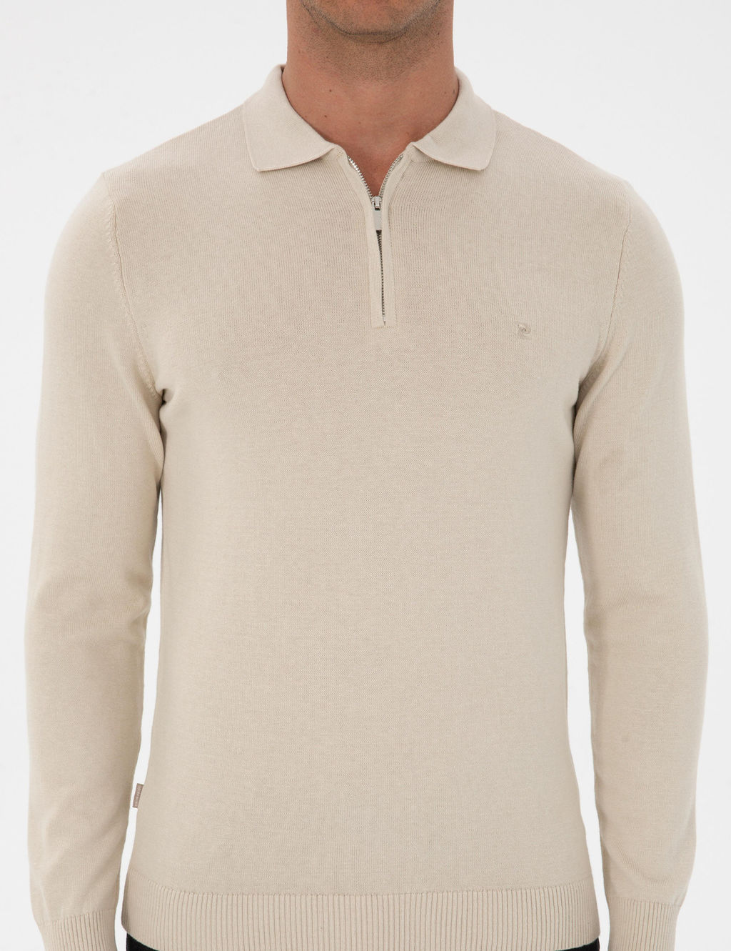 Krem Melanj Slim Fit Polo Yaka Fermuarl_ Basic Triko Kazak - Pierre cardin фото 6