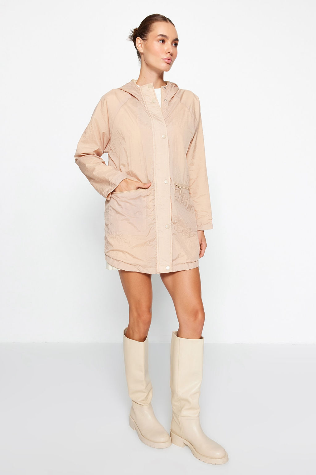 Bej Kapusonlu Su Itici Yagmurluk Mont TWOAW24MO00228