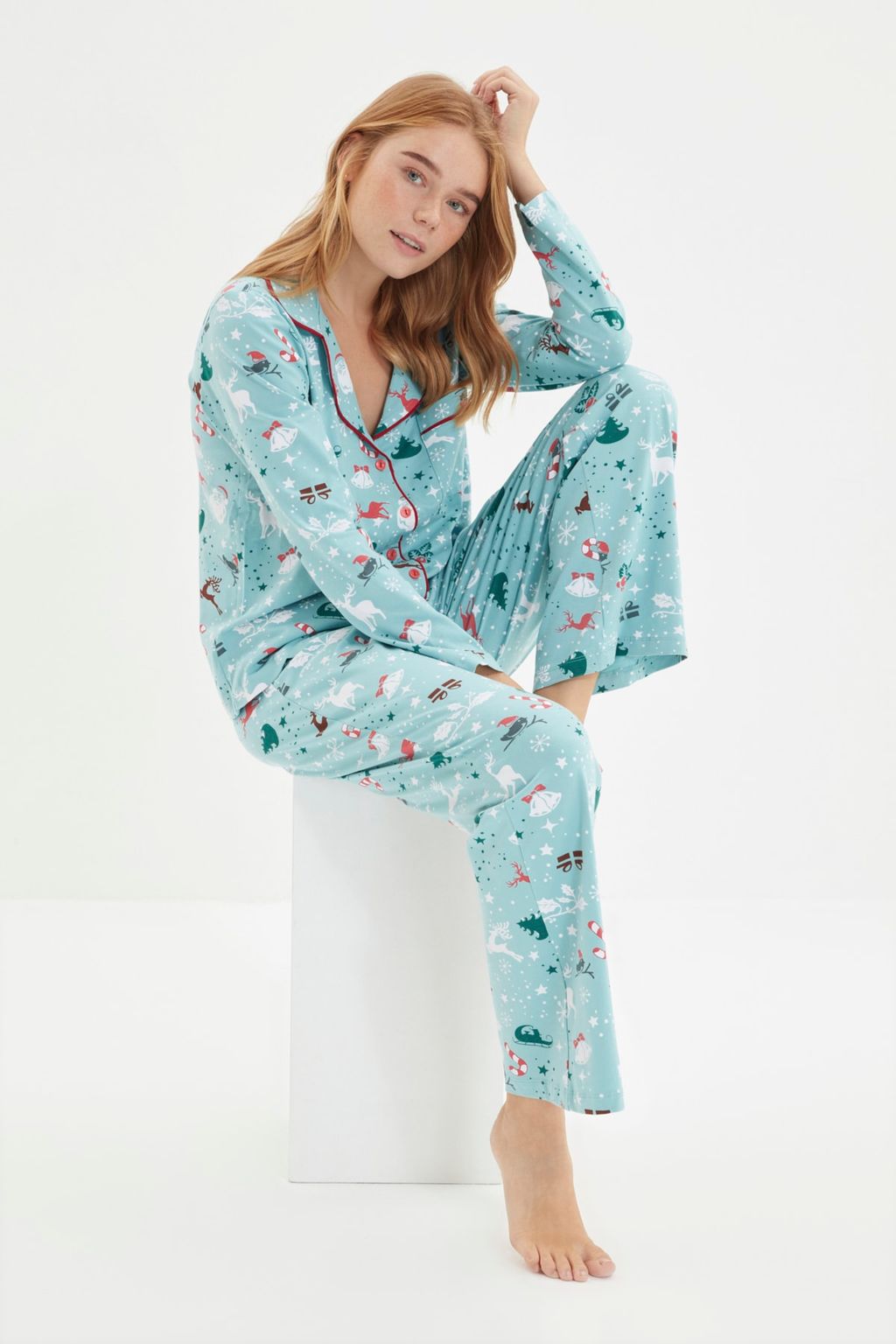 Turkuaz %100 Pamuk K?s Temal? Orme Pijama Tak?m? THMAW22PT1211 - Trendyolmilla фото 3