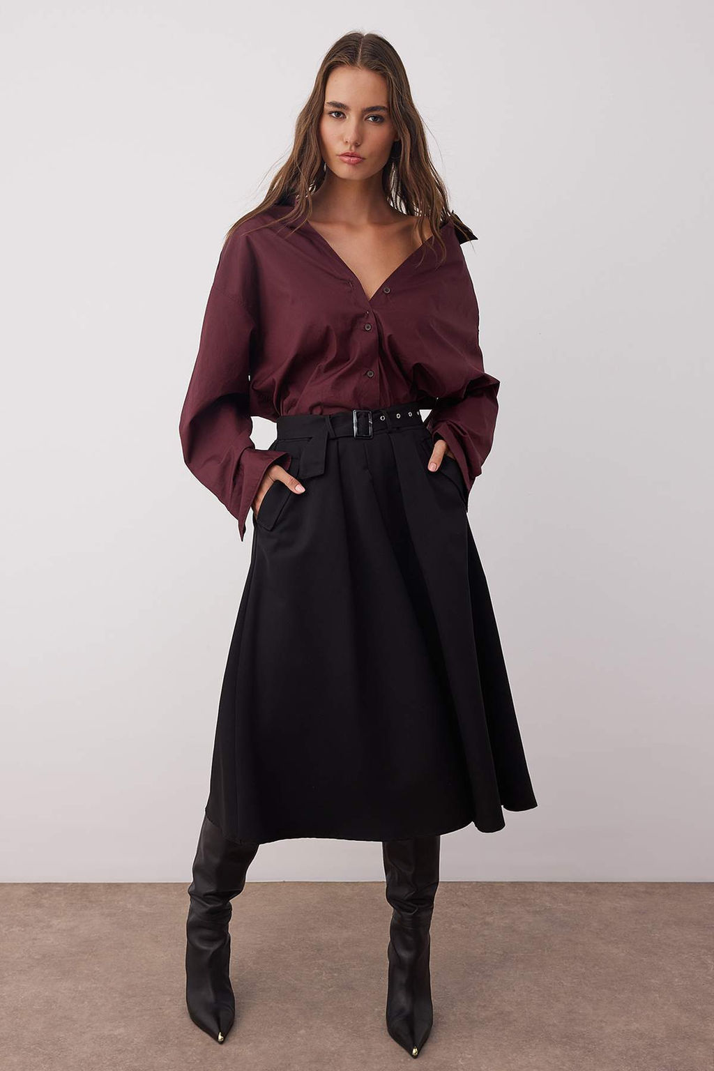 Siyah Kemerli Dokuma Klos Midi Etek TWOAW26ET00034