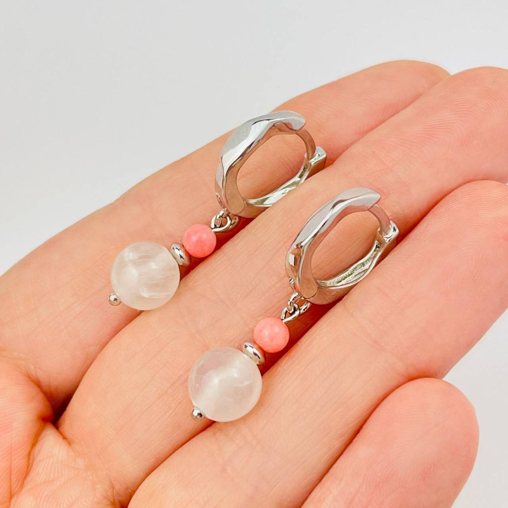 Серьги двойные из Селенита и Коралла