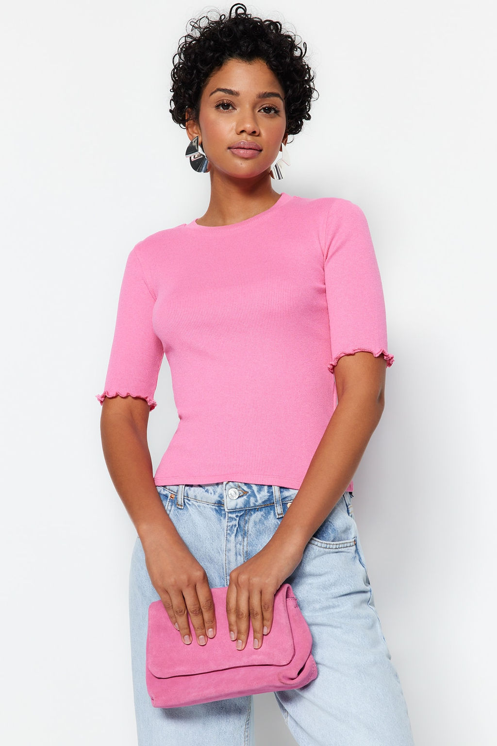 Pembe Fitilli Fitted/Vucuda Oturan Bisiklet Yaka Esnek Orme Bluz TWOSS23BZ00025