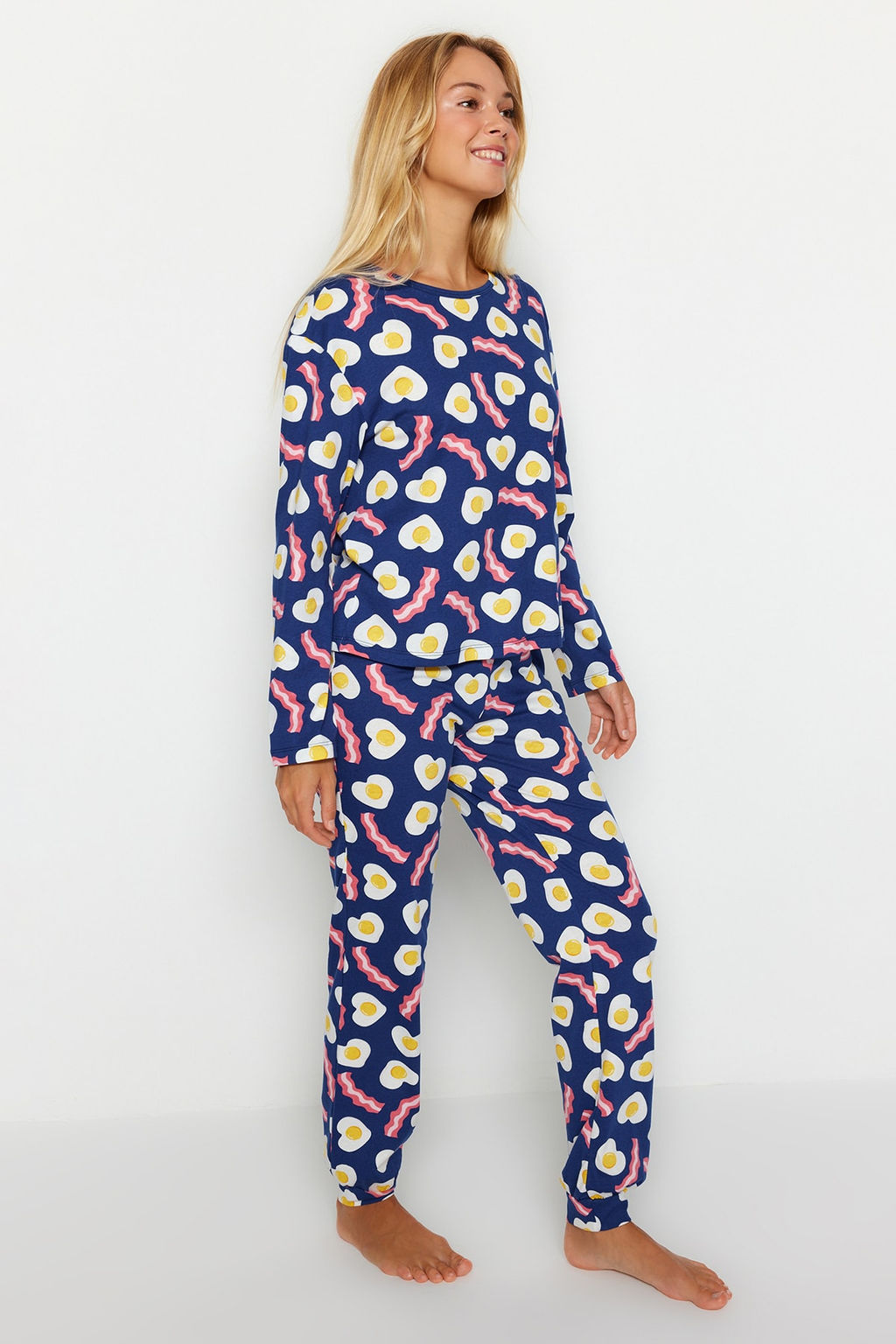 Lacivert %100 Pamuklu Kahvalt? Desenli Tshirt-Pantolon Orme Pijama Tak?m? THMAW24PT00102