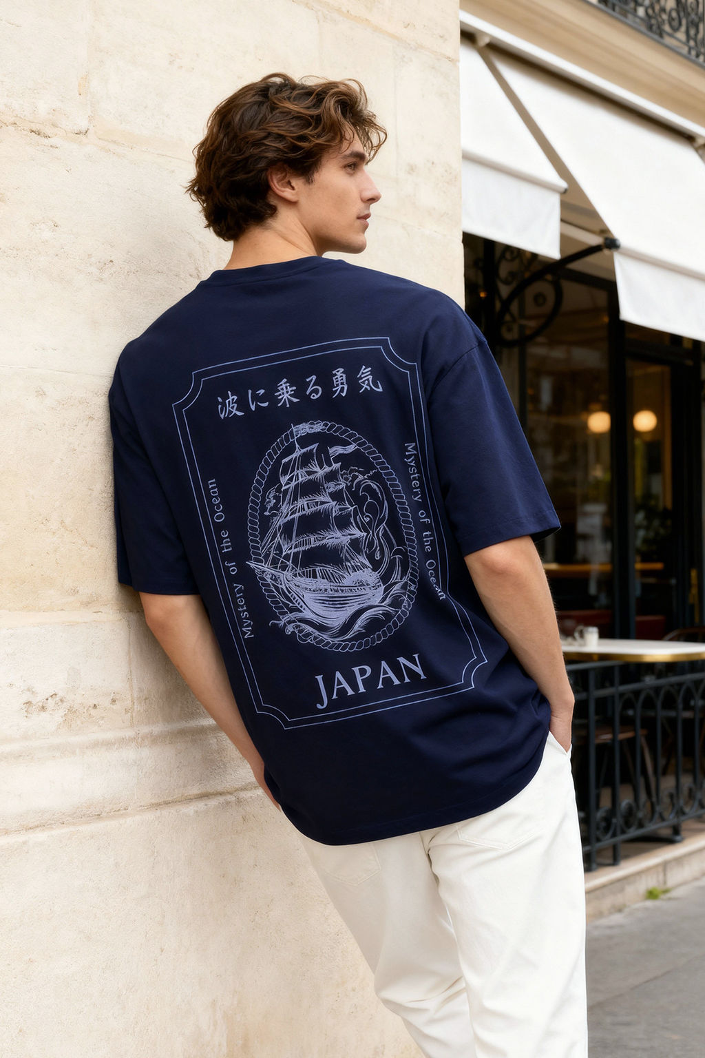 Trendyolmilla Man Beyaz Oversize/Genis Kesim Gemi S?rt Bask?l? %100 Pamuk T-Shirt TMNSS25TS00132  фото 11