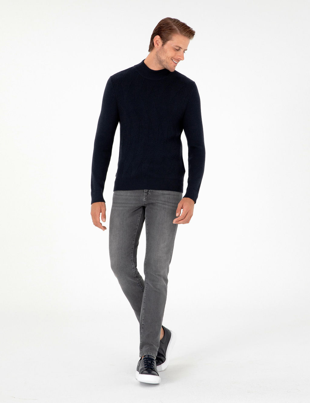 Lacivert Slim Fit Yar_m Bal_k__ Yaka Y_n Kar___ml_ Triko Kazak