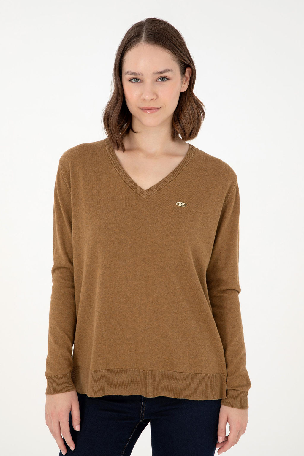 Женский базовый свитер темно-хаки меланжевого цвета - U.s. polo assn фото 3