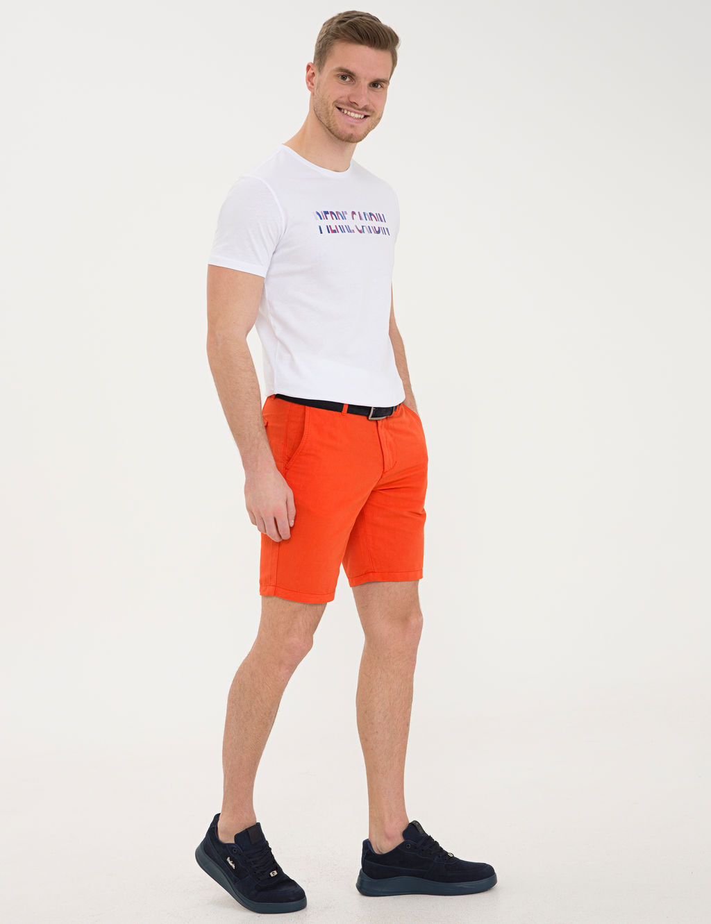 Turuncu Standart Fit Keten Kar___ml_ Bermuda _ort