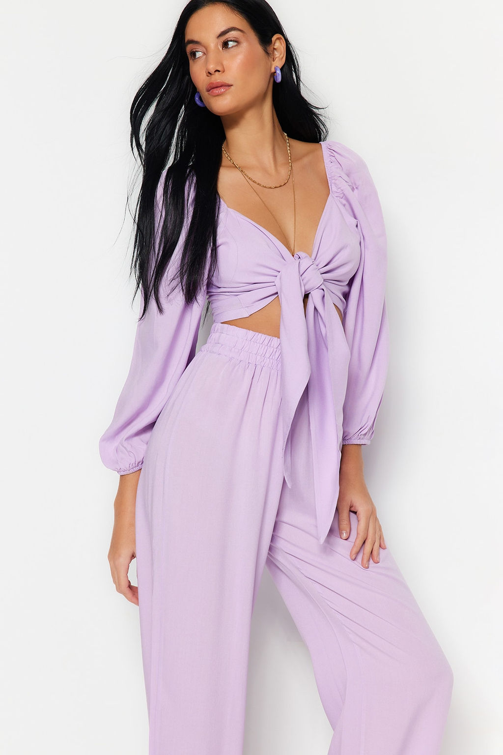 Plaj Giyim Lila Dokuma Baglama Detayl? Bluz-Pantolon Tak?m TBESS23AU00072 - Trendyolmilla фото 2