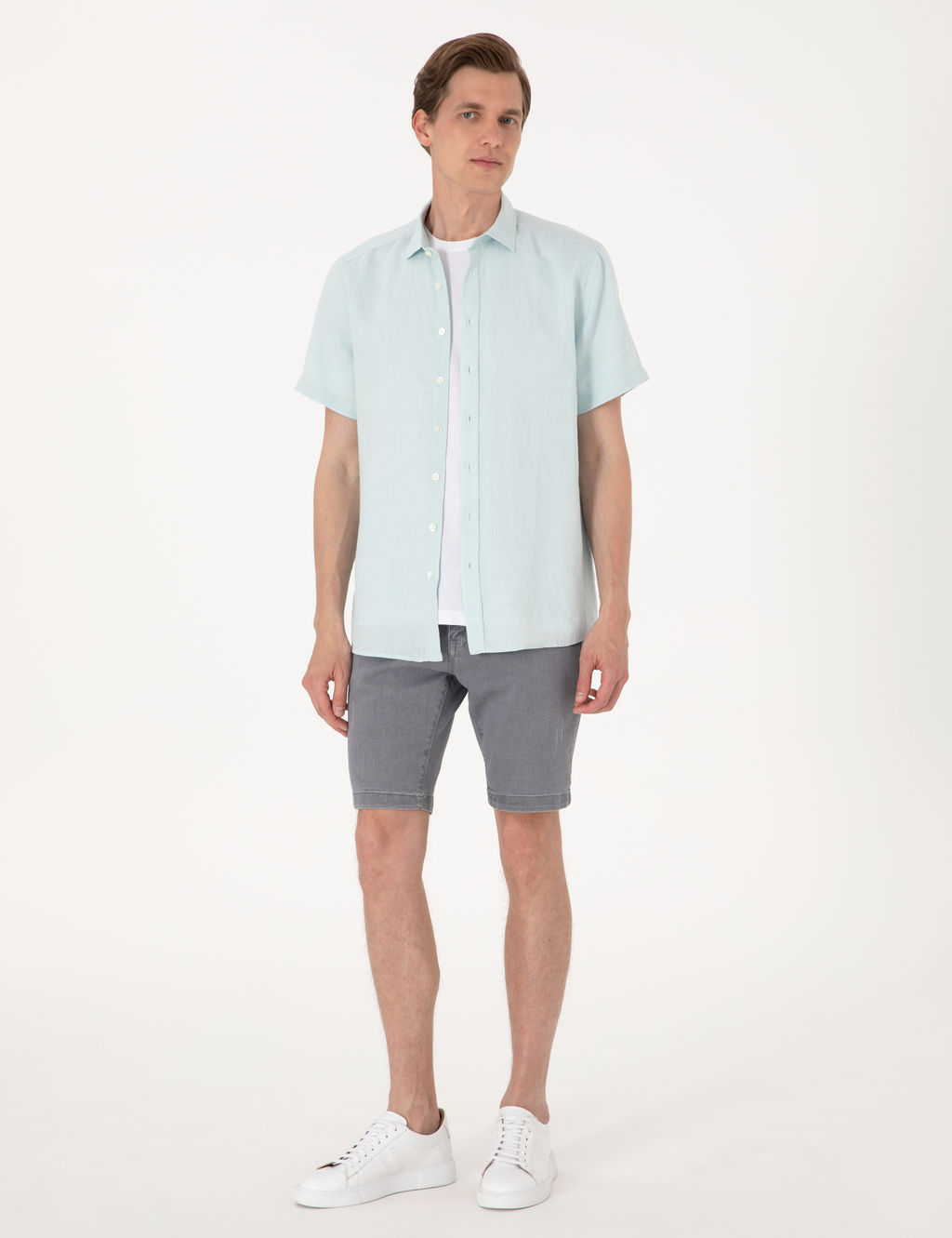 Su ye_ili %100 Keten Regular Fit K_sa Kollu G_mlek