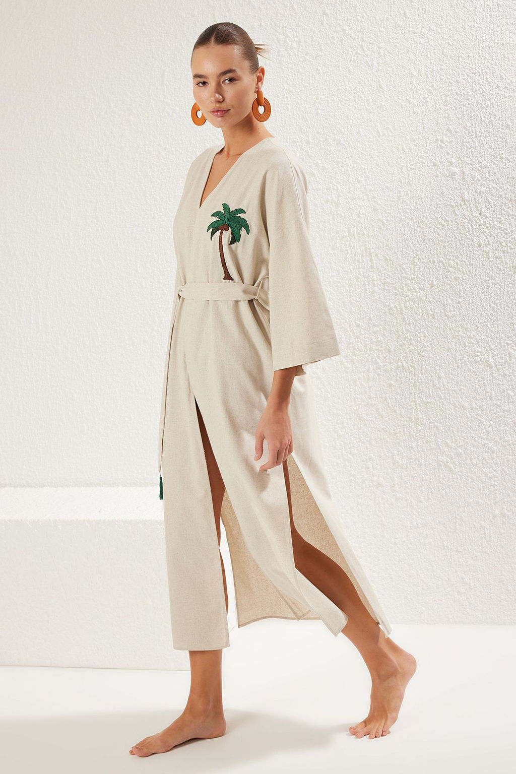 Bej Kusakl? Maxi Dokuma Nak?sl? Keten Kar?s?ml? Plaj Kimono&Kaftan TBESS20KM0051 - Trendyolmilla фото 8