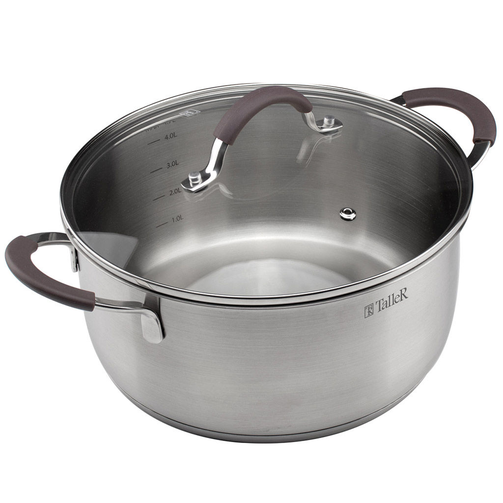 Кастрюля из нержавеющей стали Lira 4,7л, д24см, h11,3см, s0,5мм, дно д22см, s4мм, стеклянная жаропрочная крышка, стальной обод, пароотвод, силиконовые вставки коричневого цвета, капсулированное дно, полировка внешняя - матовая, внутренняя - матовая - Домашняя мода фото 2