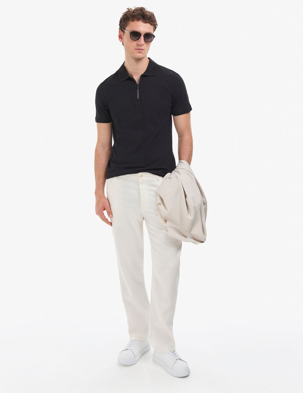 Siyah Slim Fit %100 Pamuk K_vr_lmaz Fermuarl_ Polo Yaka Basic Ti__rt